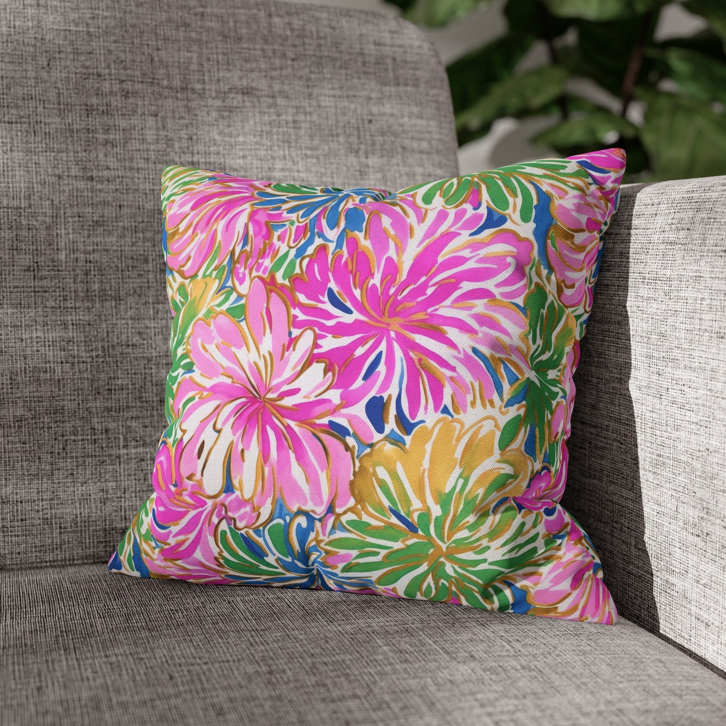 Pastel Bouquet: Large Blooms of Pink, Gold, and Blue in Watercolor Spun Polyester Square Pillowcase 4 Sizes