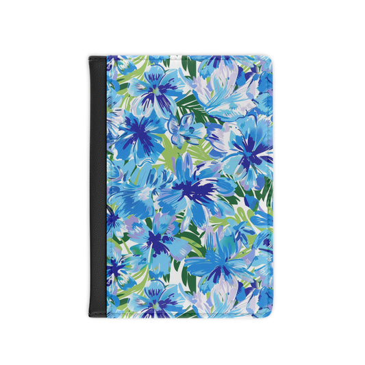 Azure Bloom Oasis: Bright Blue Large Flowers with Lush Green Palm Leaves  - Passport Cover Faux Leather RFID Blocking