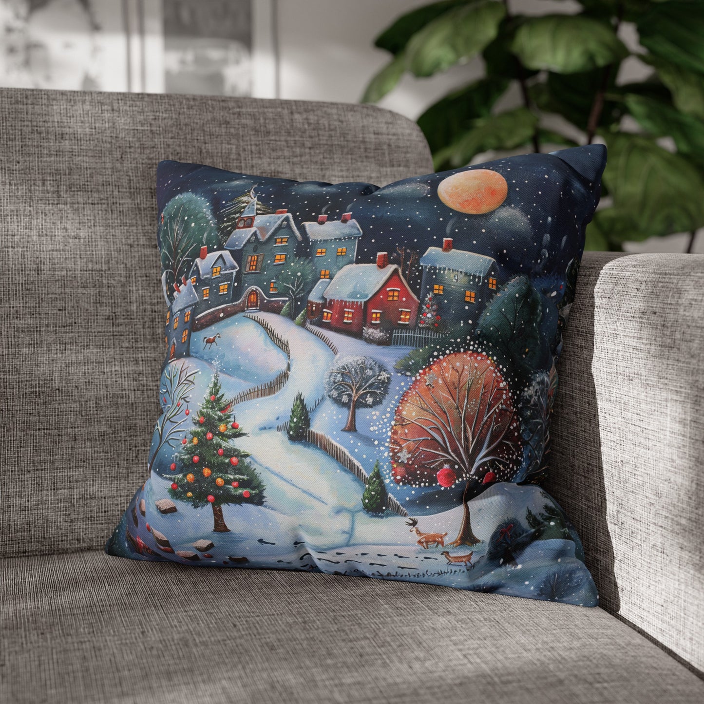 Snowy Serenade: Town at Winter Night with Reindeer Amidst the Snow  Spun Polyester Square Pillowcase 4 Sizes