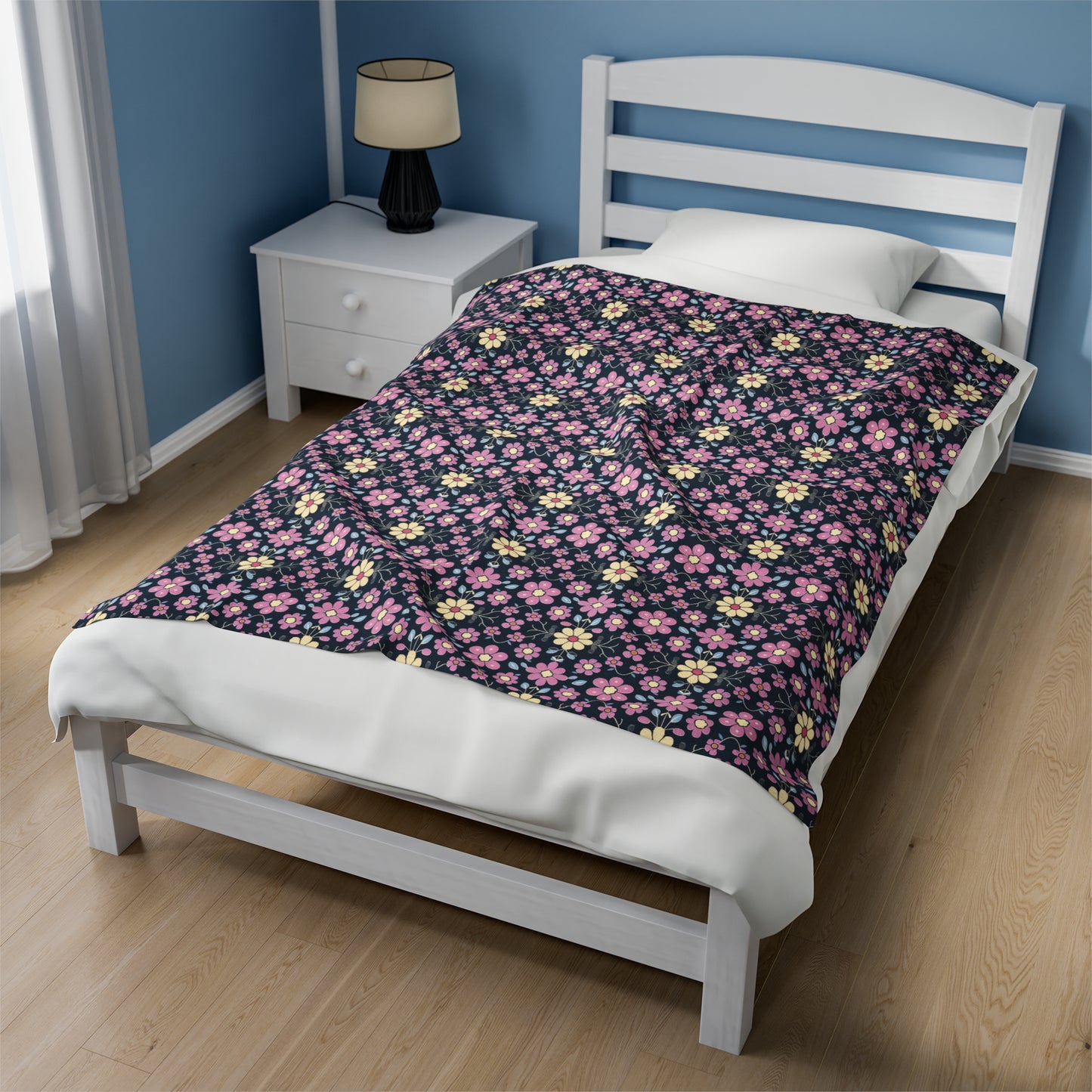 Charming Pastel Pink and Yellow Flowers on Navy Blue Background Velveteen Plush Blanket 3 Sizes