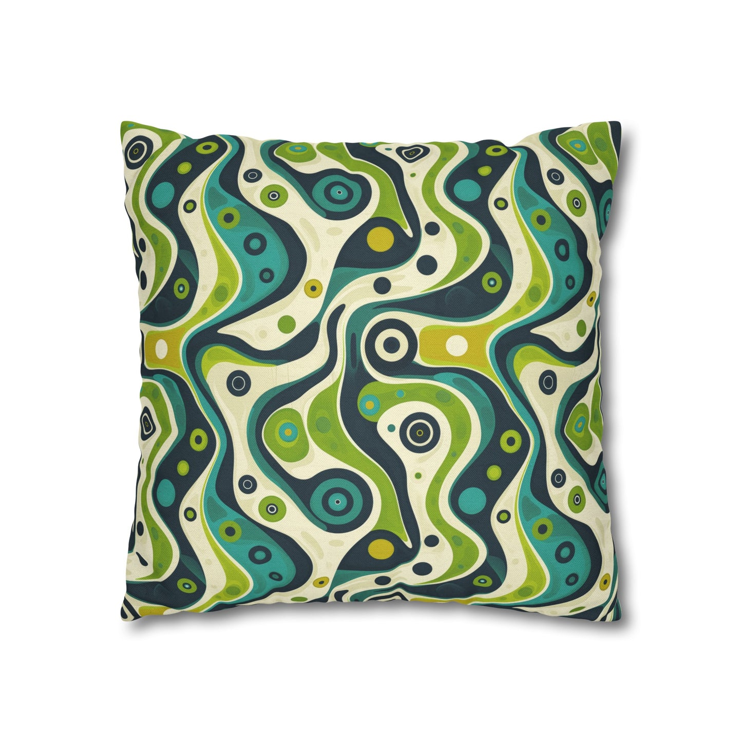 Groovy Retro Greens and Blues Abstract Waves Spun Polyester Square Pillowcase 4 Sizes