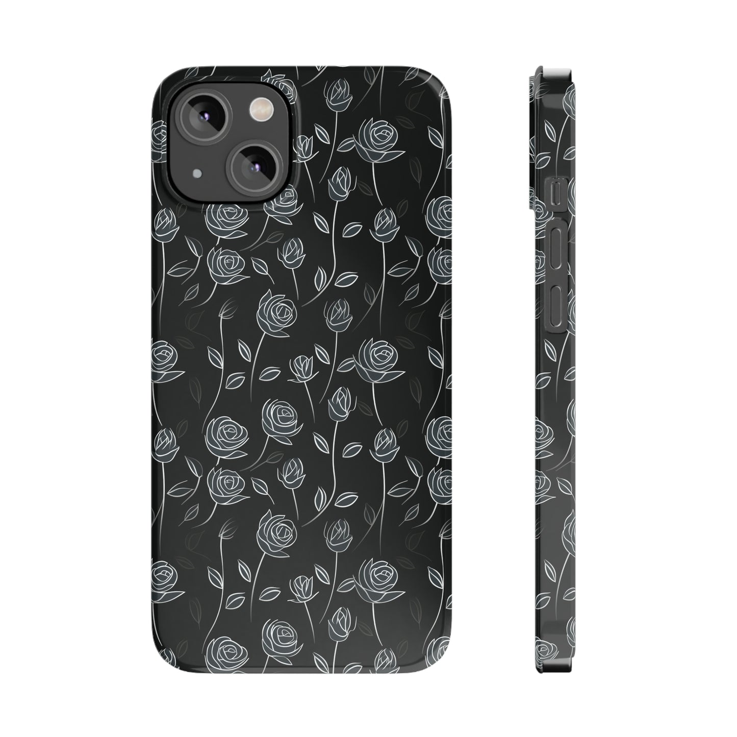 Contrasting Elegance: White Outlined Roses on a Black Background Iphone 15-12 Slim Phone Case