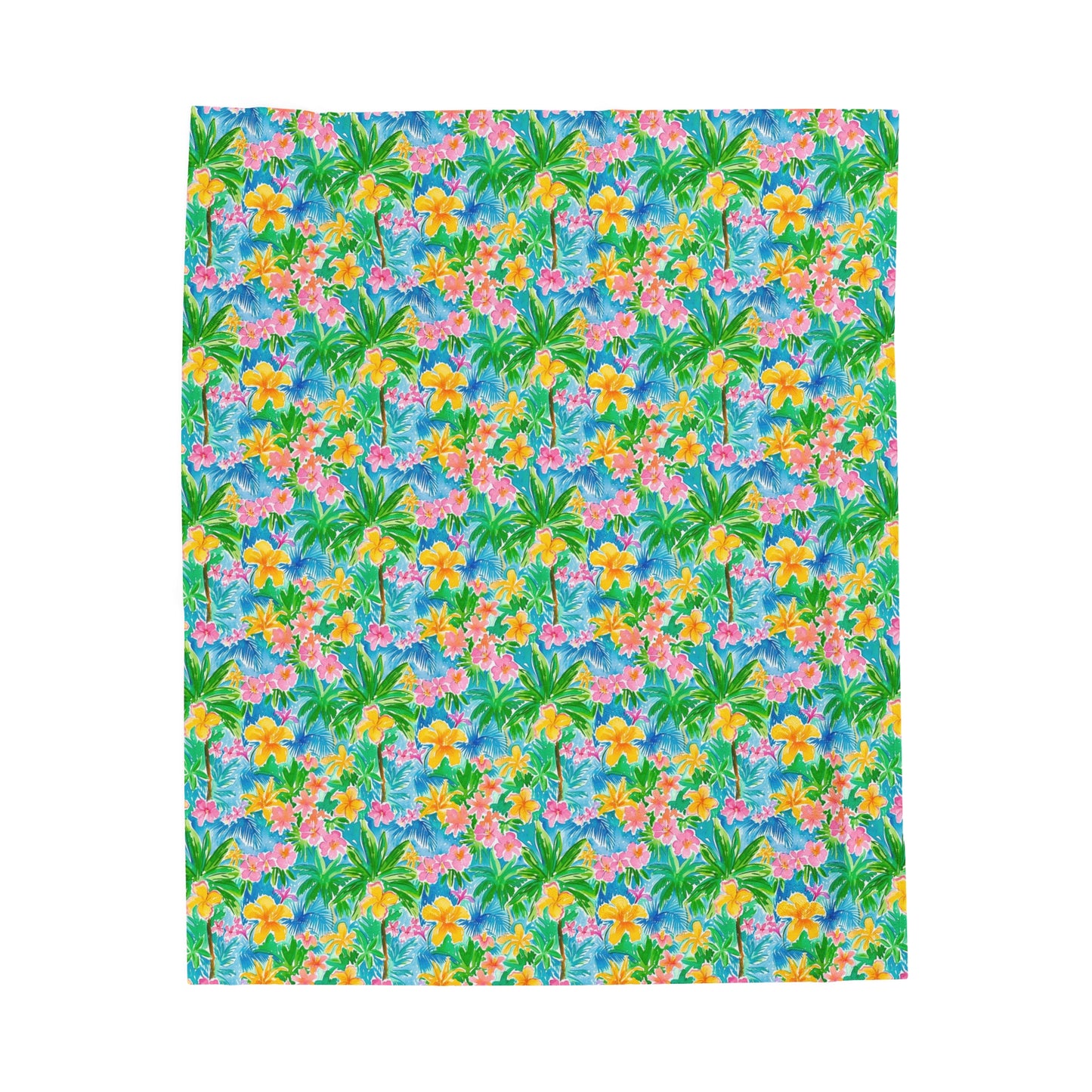 Tropical Harmony: Watercolor Yellow and Pink Hibiscus Flowers with Blue and Green Palm Leaves Velveteen Plush Blanket 3 Sizes