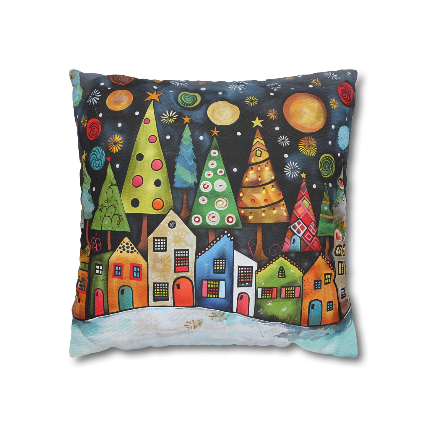 Holiday Haven: Abstract Folk Art Christmas Village Adorned with Christmas Trees Scene Spun Polyester Square Pillowcase 4 Sizes