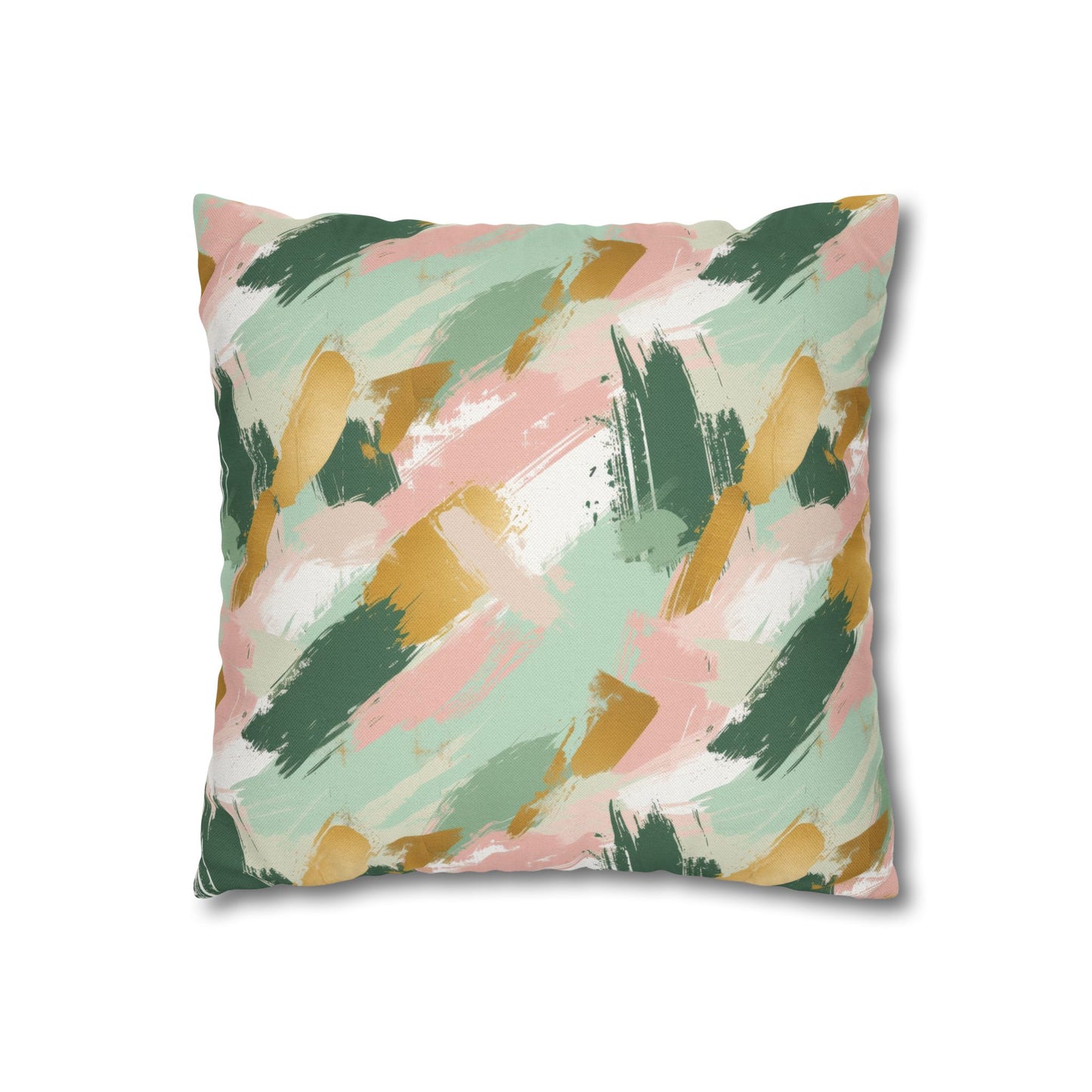 Spring Brushstrokes Abstract in Light Green, Pink, and Gold Spun Polyester Square Pillowcase 4 Sizes