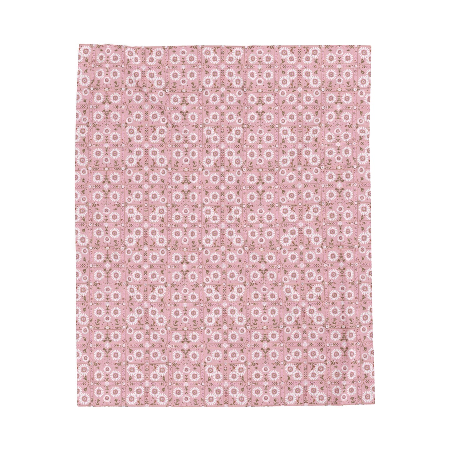 Charming Daisy Pink and White Floral Tile Pattern Velveteen Plush Blanket 3 Sizes