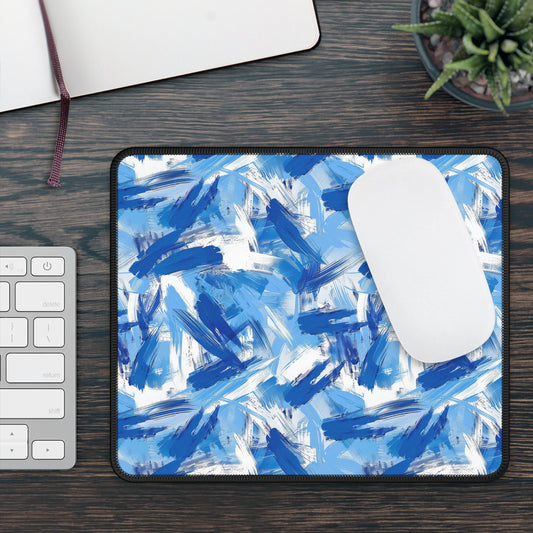 Bold Blue and White Abstract Brushstroke Pattern Gaming Mouse Pad with Finished Edges