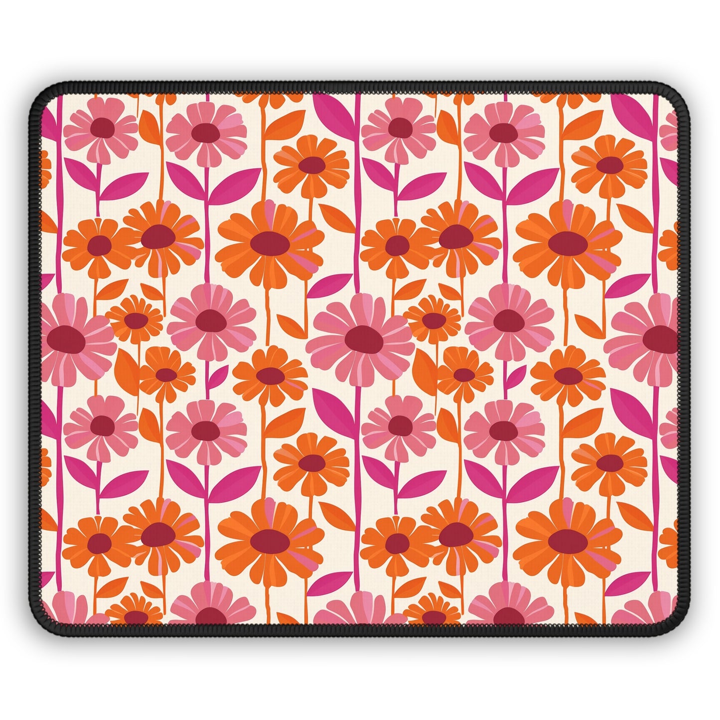 Retro Floral Bliss with Bold Pink and Orange Flower Design Gaming Mouse Pad with Finished Edges