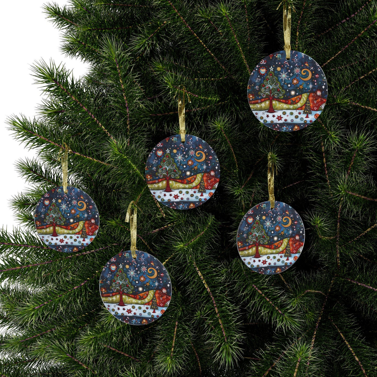 Whimsical Winter Village: Abstract Folk Art Christmas Scene Acrylic Ornaments 1, 5, 10, 25, and 50 pieces