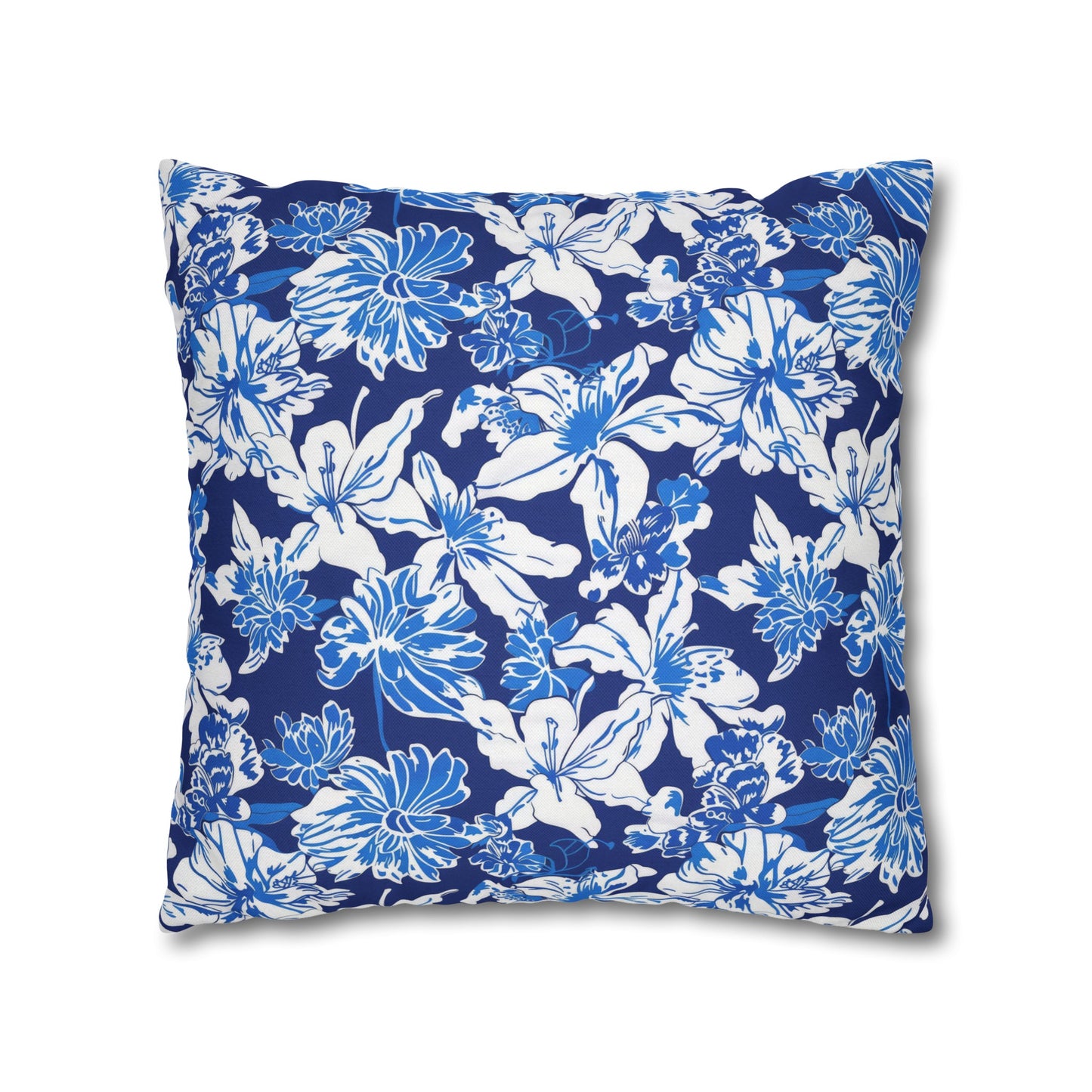 Oceanic Bloom: Watercolor Tropical Flowers in White and Blue against a Deep Blue Background Spun Polyester Square Pillowcase 4 Sizes