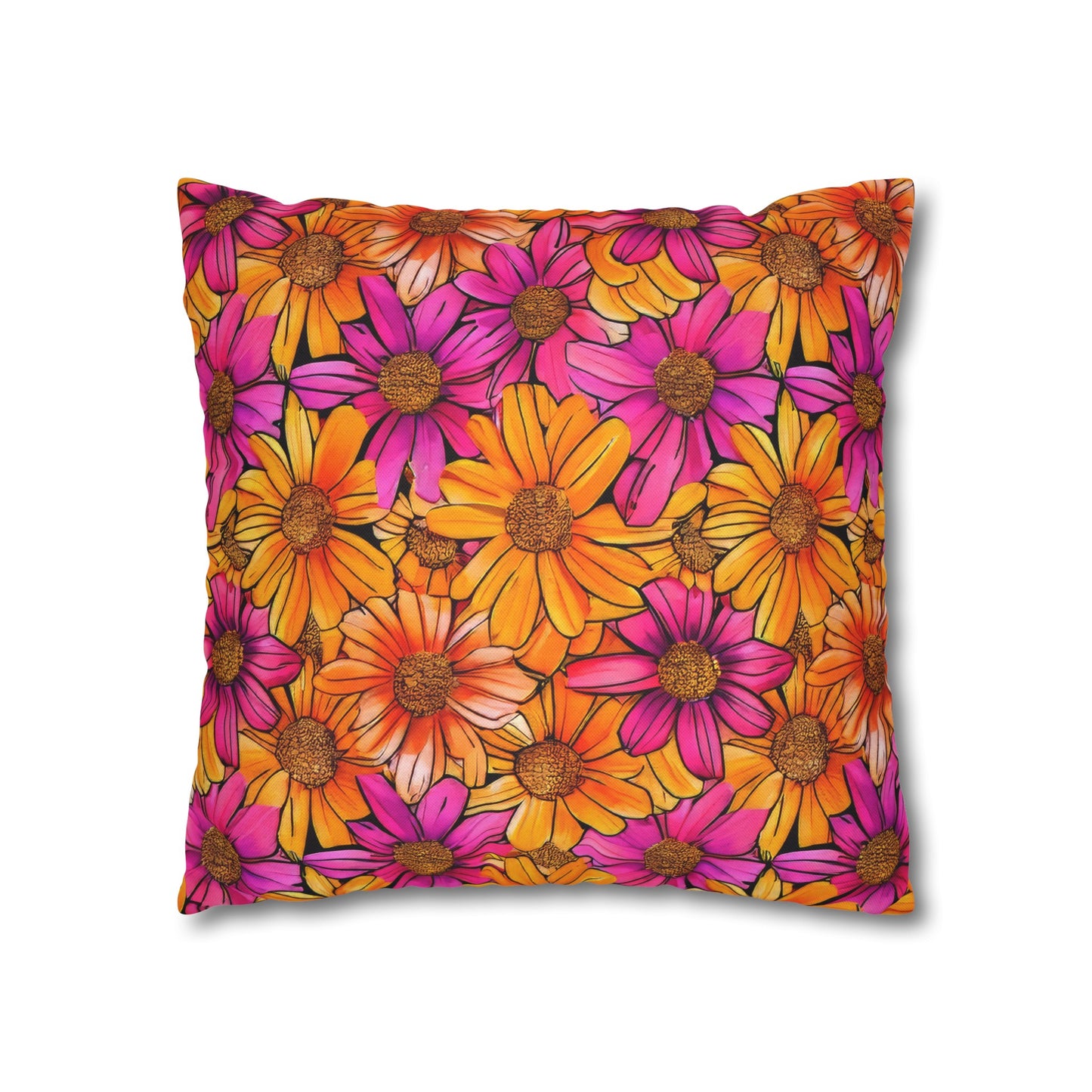 Vibrant Daisy Delight with Bold Orange and Pink Spun Polyester Square Pillowcase 4 Sizes