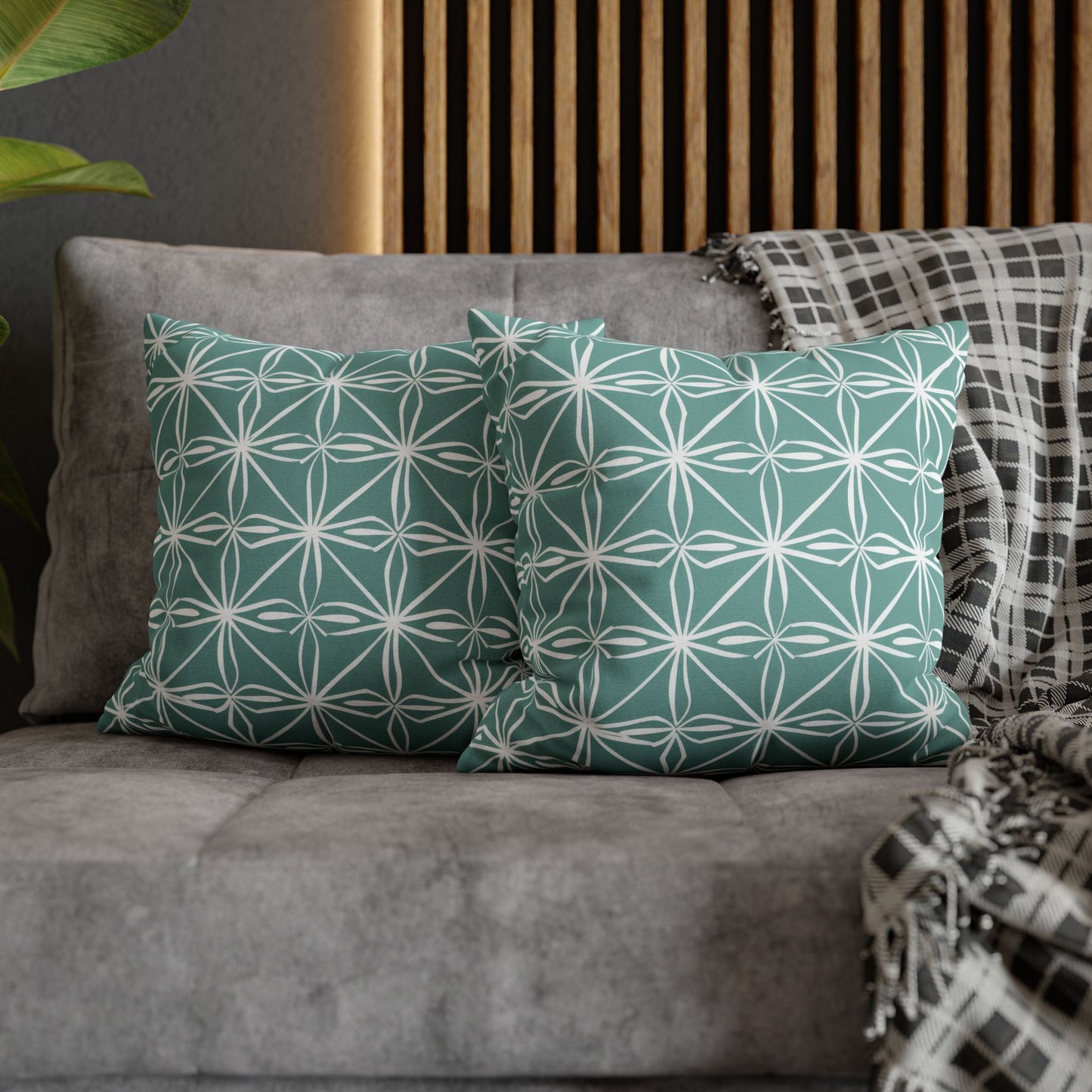 Elegant Minimalist Geometric Line Art in White and Teal Pattern Spun Polyester Square Pillowcase 4 Sizes