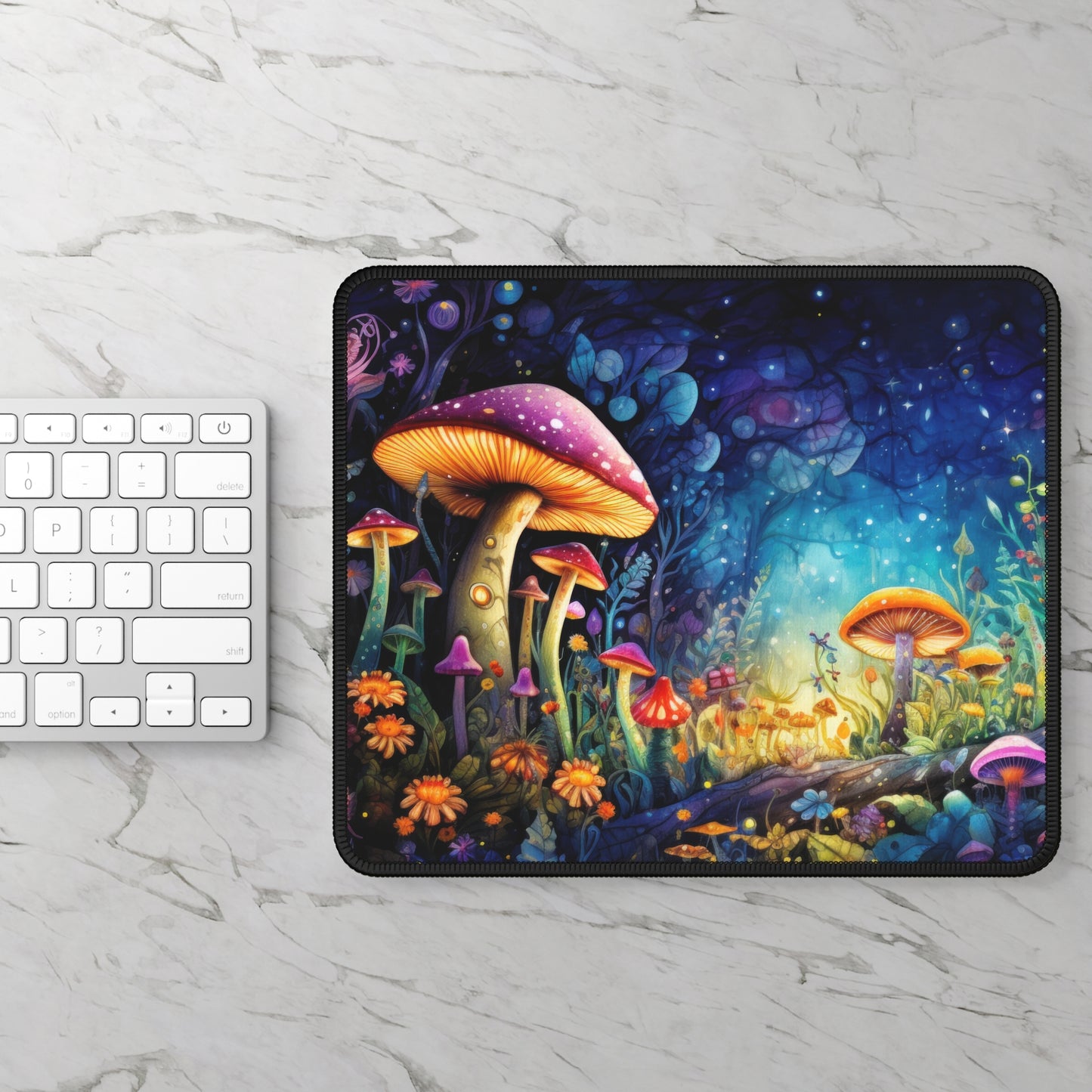 Fantasy Neon Midnight Mushroom and Flower Garden Gaming Mouse Pad with Finished Edges