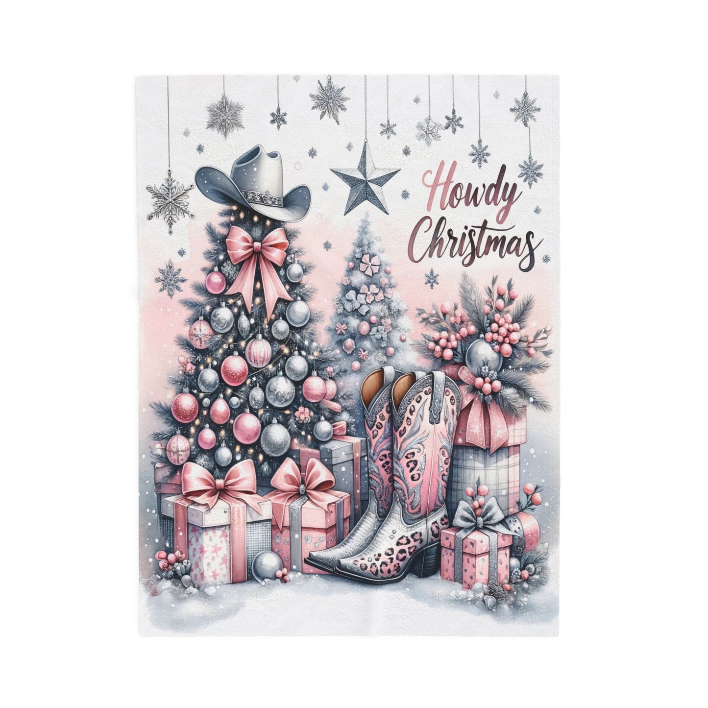 Country Western Howdy Christmas Pink Sparkle Velveteen Plush Blanket 3 Sizes