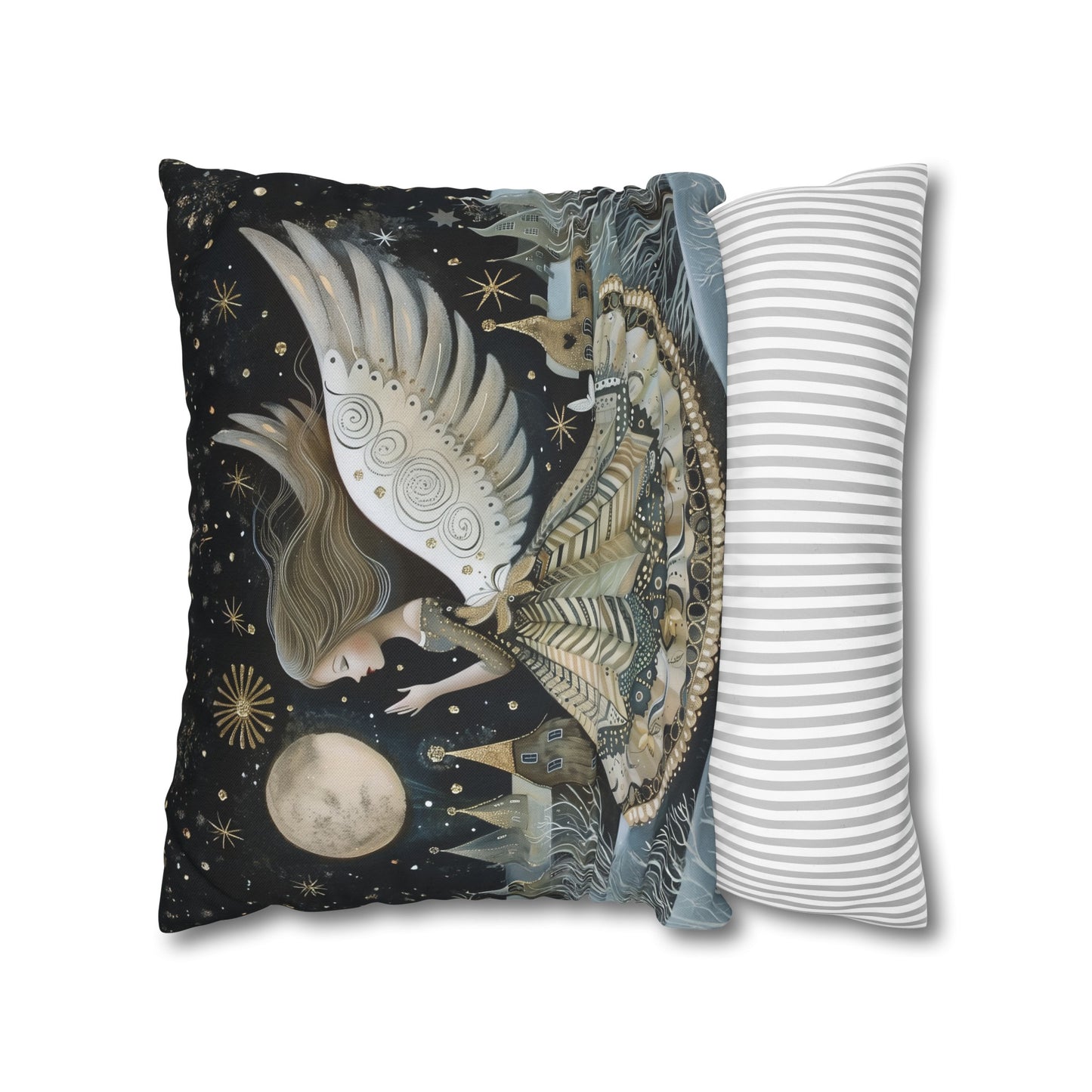 Frosty Angelic Glow: Angel Illuminated by Moonlight on a Snowy Night Spun Polyester Square Pillowcase 4 Sizes