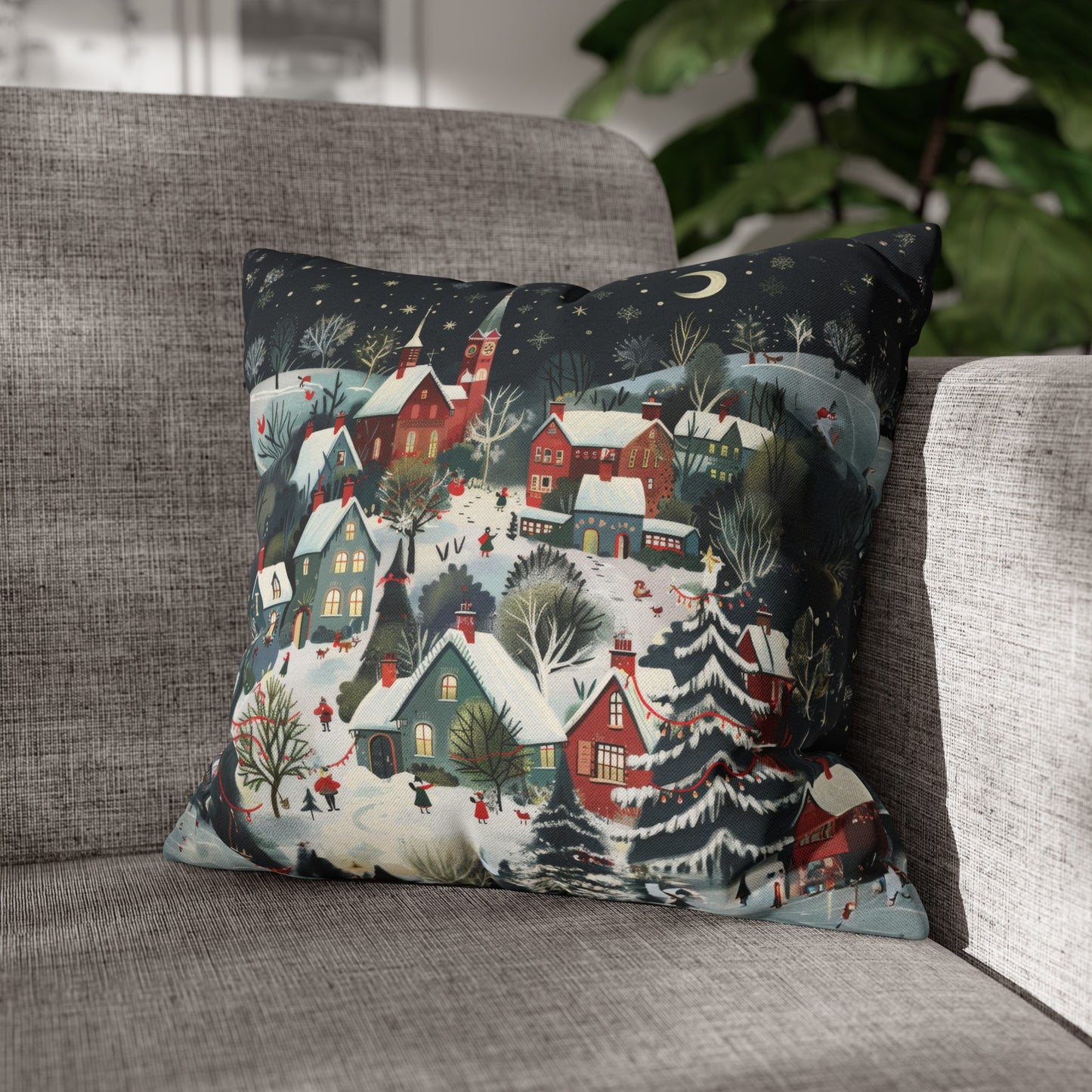 Vintage Winter Village: Old-Fashioned Country Town in a Snowy Christmas Scene Spun Polyester Square Pillowcase 4 Sizes