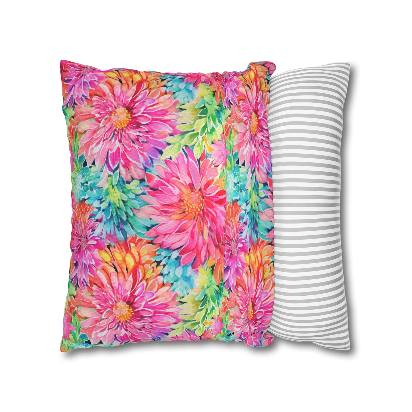 Blooming Spectrum: Large Vibrant Watercolor Flowers in Full Bloom Spun Polyester Square Pillowcase 4 Sizes