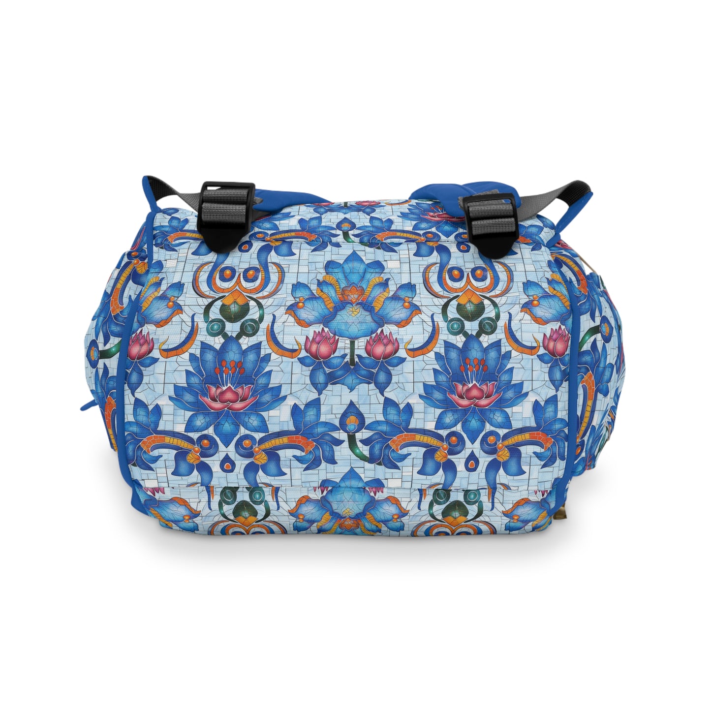 Majestic Mosaic Blossoms Vibrant Blue and Pink Floral Tile Design Multifunctional Diaper Backpack