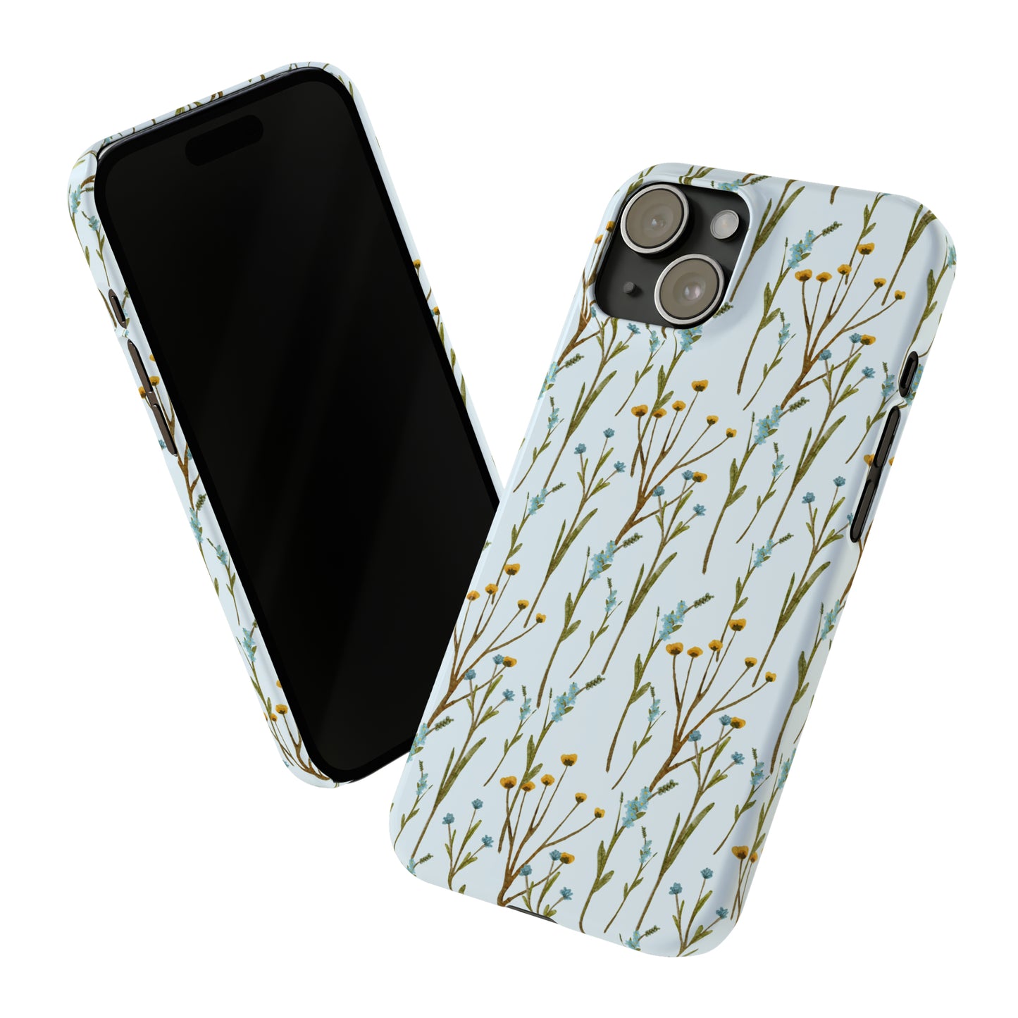 Delicate Blue and Yellow Wildflowers on a Light Blue Background Design Iphone 15-12 Slim Phone Case