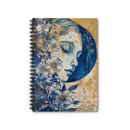 Moonlit Reverie: Vintage Scene of a Woman Amidst a Blue Floral Garden, Gazing at the Moon  - Spiral Notebook Ruled Line 6"x8"