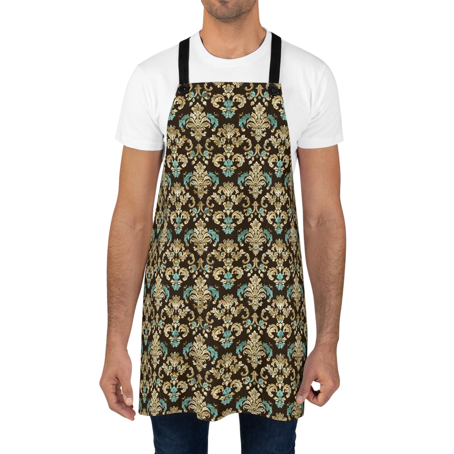 Luxurious Rococo Pattern of Ornate Brown and Teal Floral Scroll Design Kitchen Chef Apron