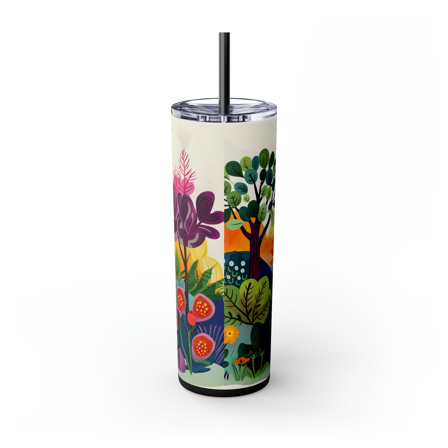 Springtime Abstract Field of Trees and Flowers in the Artistic Style of Josef Frank Skinny Tumbler with Straw, 20oz