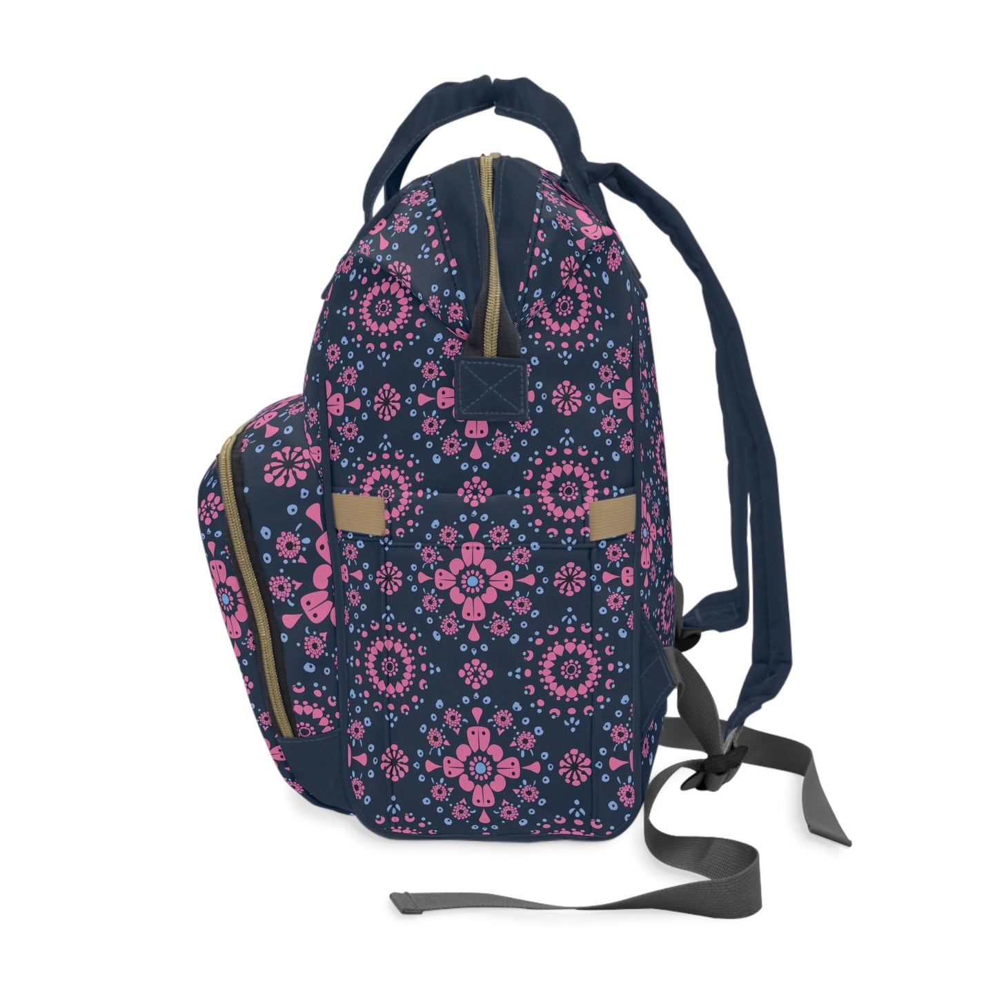 Midnight Garden in Pink and Blue Floral Mandala Pattern on Navy Multifunctional Diaper Backpack