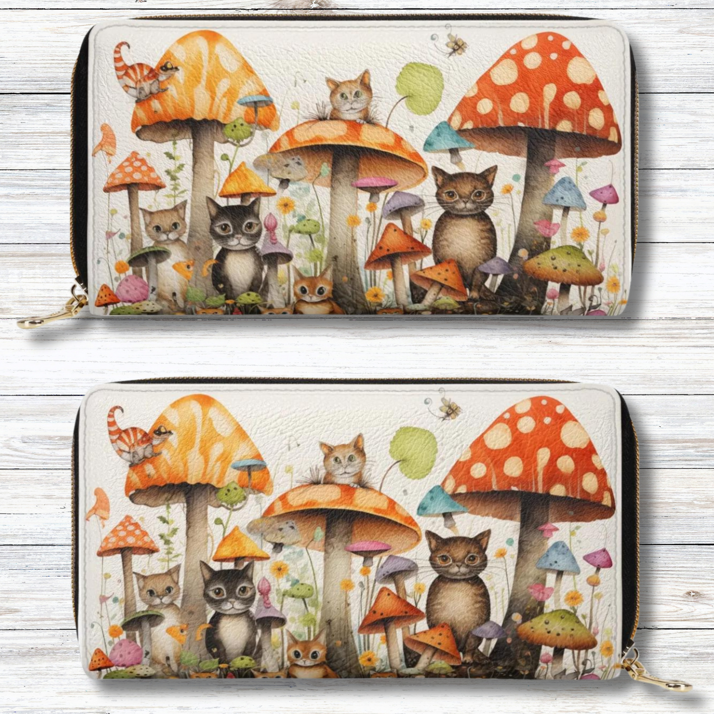 Cats Lounging in a Tranquil Mushroom and Flower Garden Leather Wallet (PU)