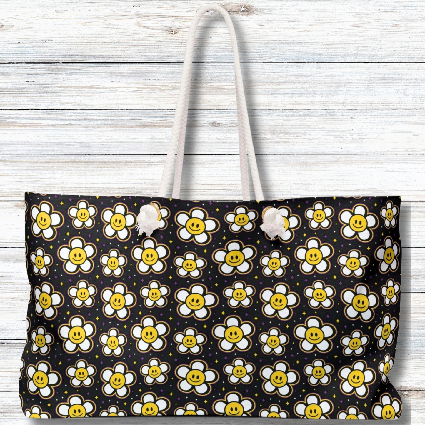 Retro Daisies with Smiley Faces  - Weekender Oversized Canvas Tote Bag 24" × 13"