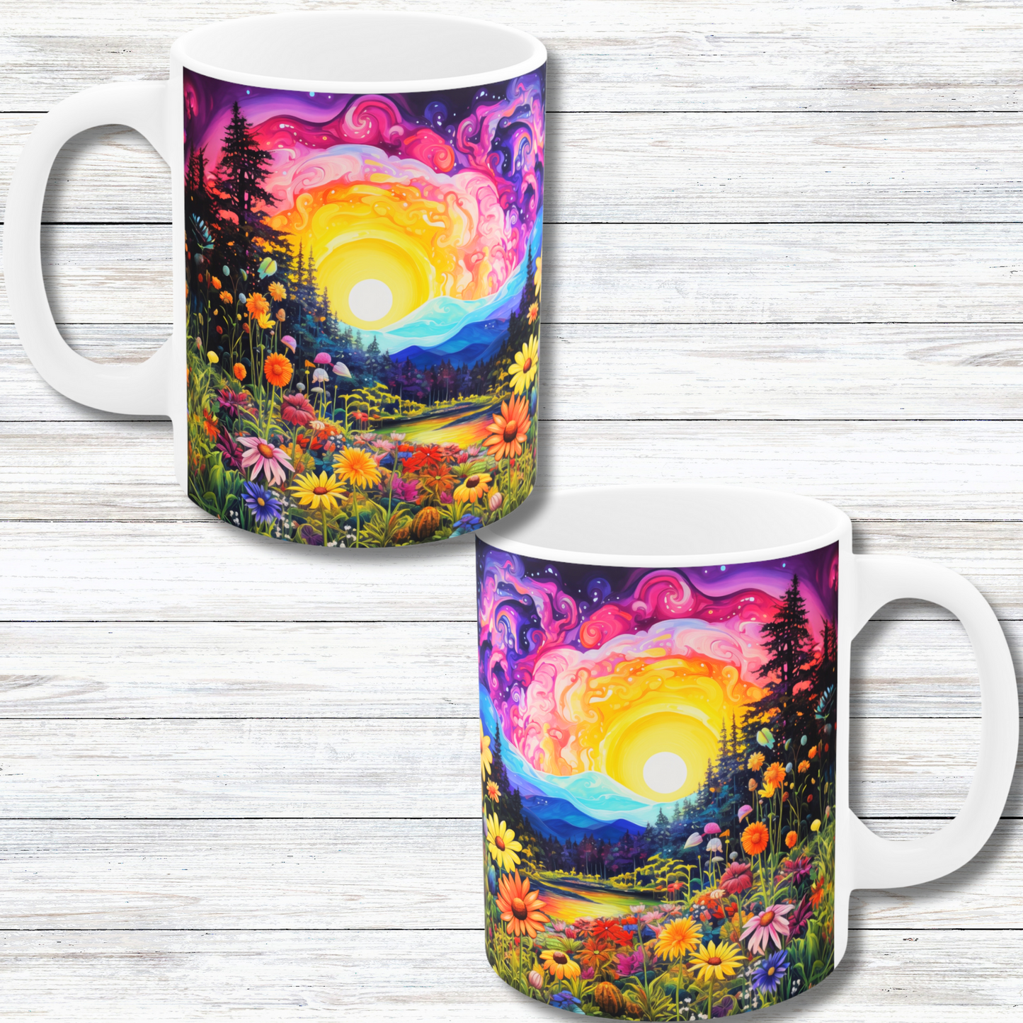 Enchanting Sunrise Over a Whimsical Field of Wildflowers  - 11 oz Coffee