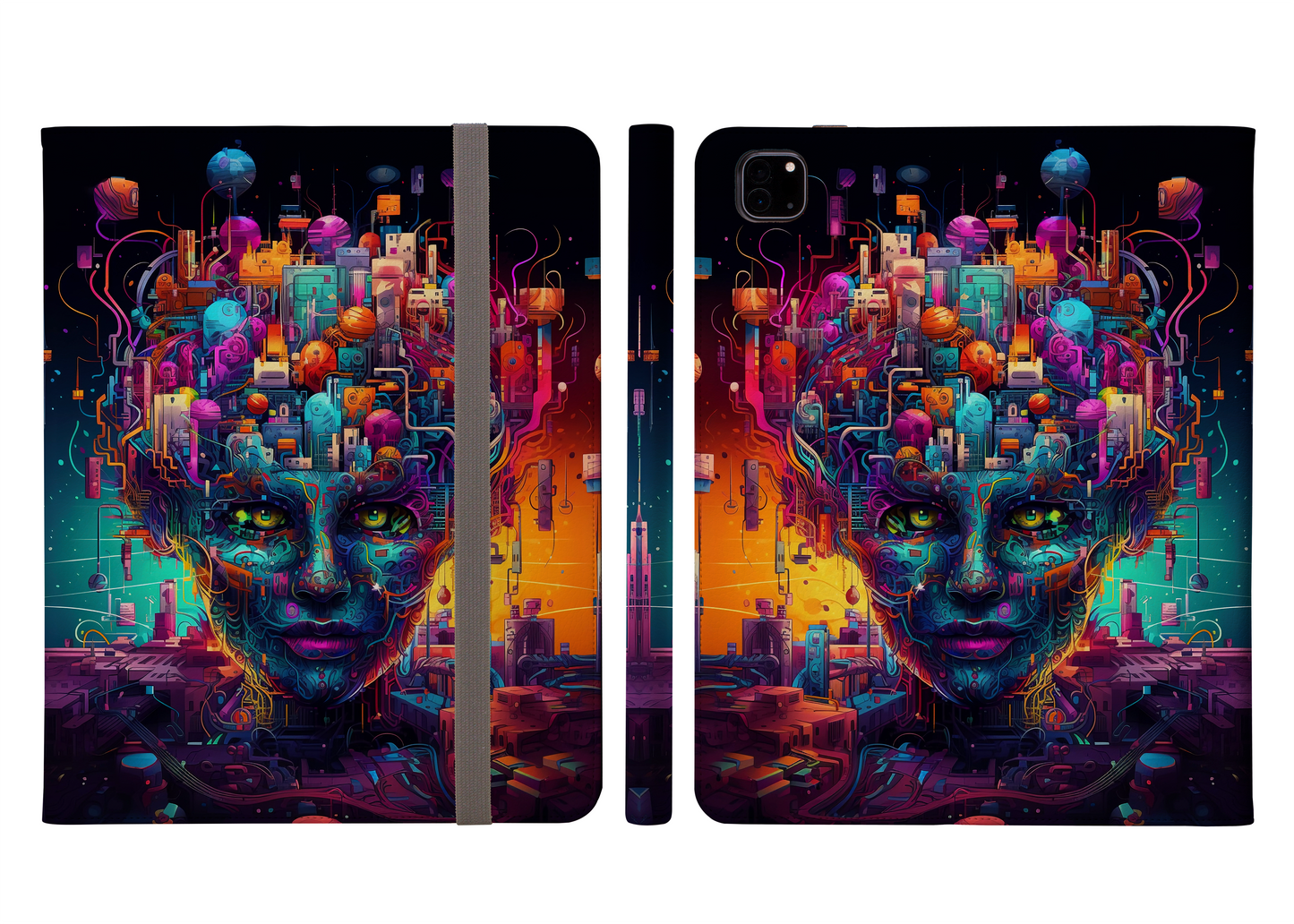 Urban Odyssey Neon Dreams and Electric Thoughts of Cityscapes Emerging from the Mind's Labyrinth Protective iPad Pro 11 & Pro 12.9 Protective Case and Pencil Holder