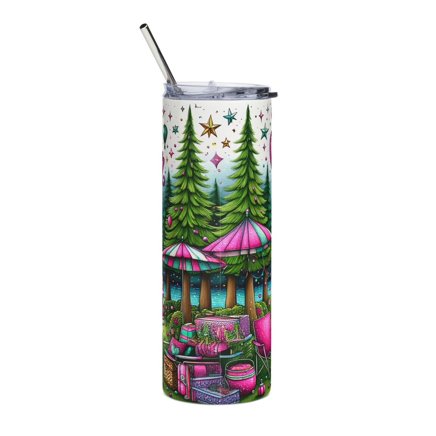 Camping Queen Tumbler Wrap Outdoor Camping Lover, Camper Van Seamless Design 20 oz Skinny Tumbler
