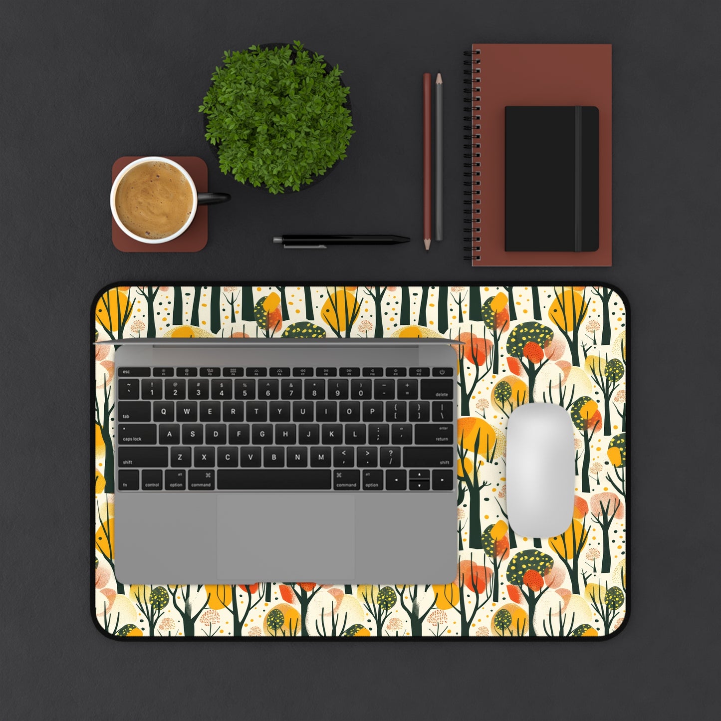 Enchanted Forest of Yellow and Orange Trees on a Speckled Cream Background Extended Gaming Mouse Pad Desk Mat - 3 Sizes