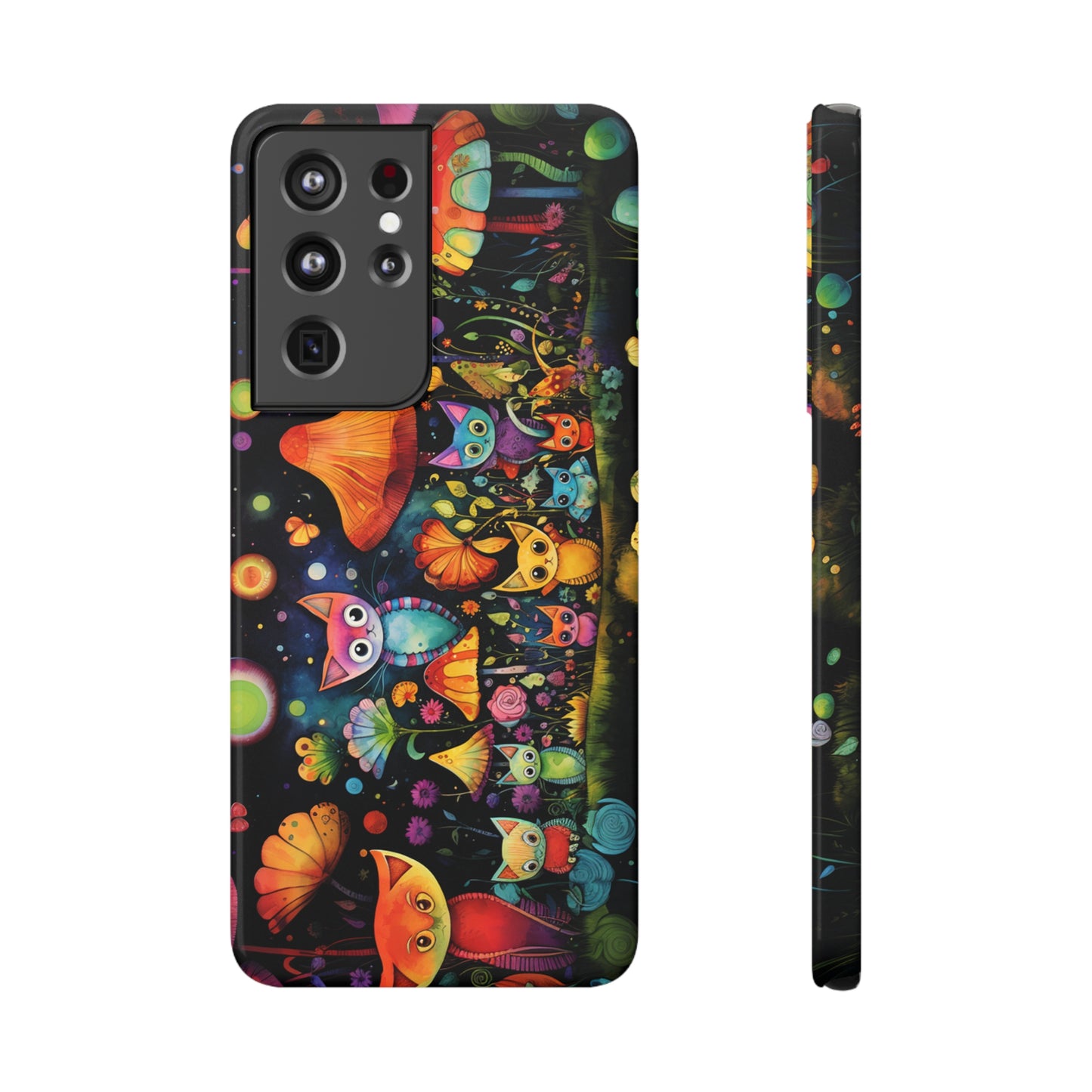 Mystical Cats Amidst a Garden of Flowers and Mushrooms, Beneath a Starry Sky Samsung Slim Cases