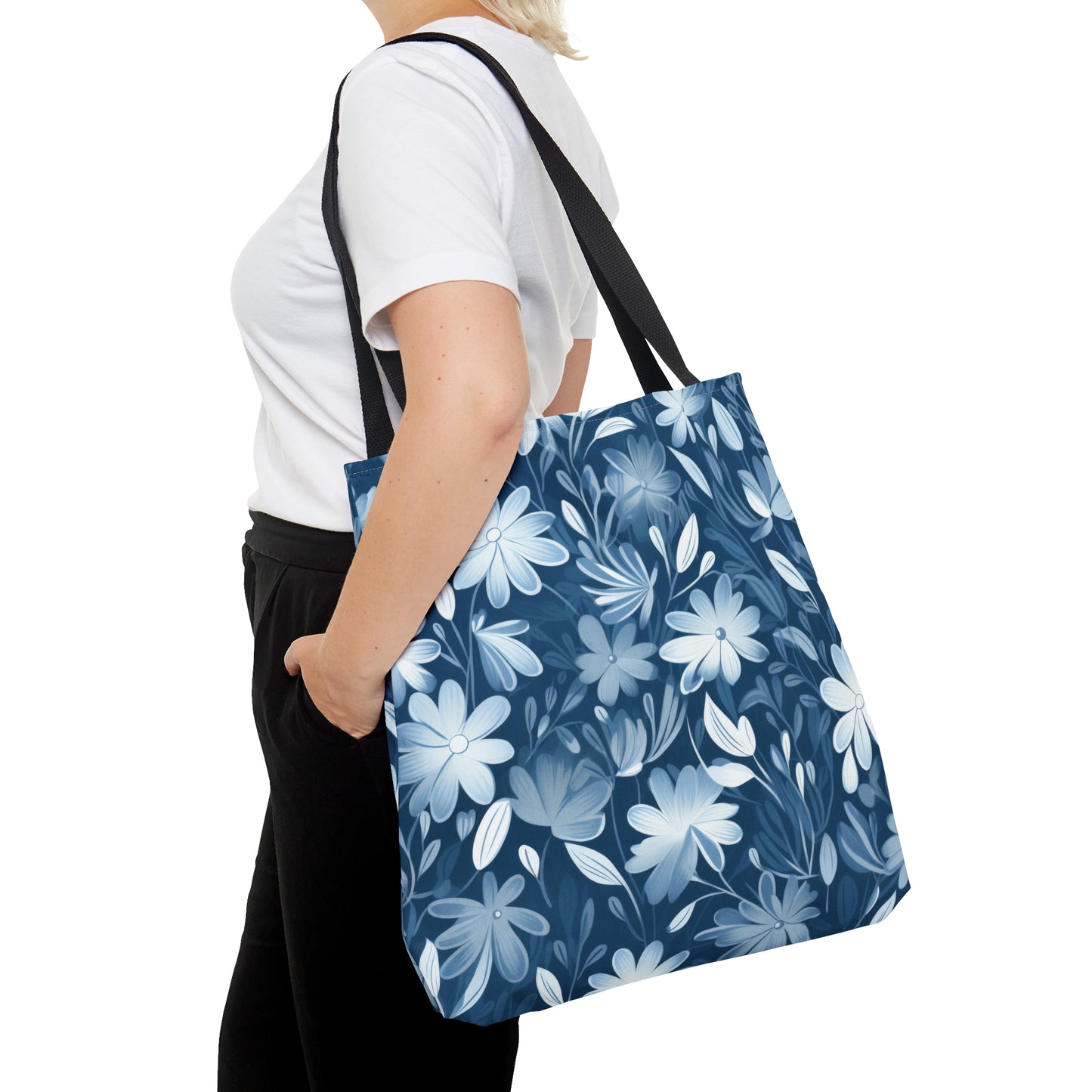 Gentle Elegance: Soft Muted Blue Flower Design  - Canvas Tote 3 Sizes