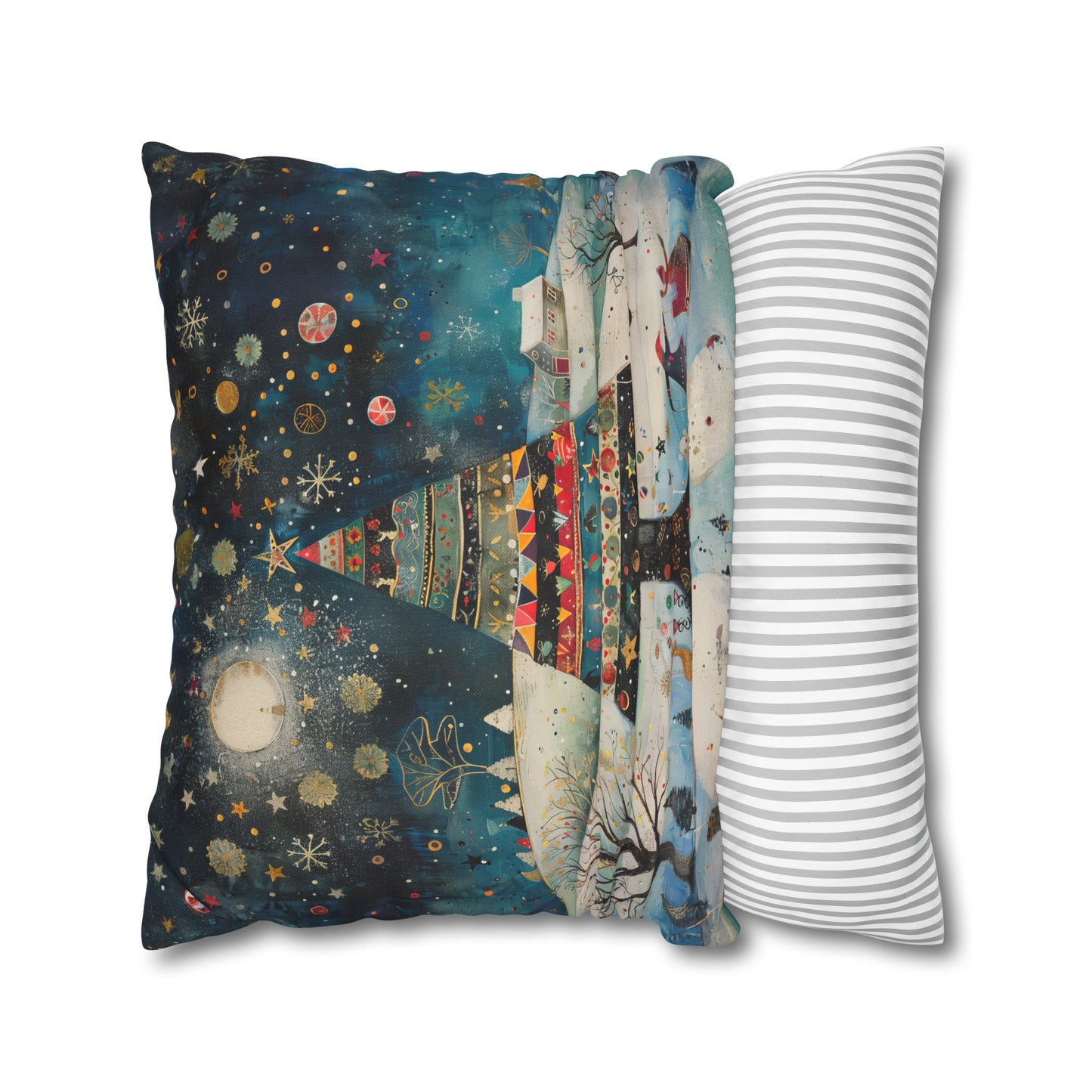 Nighttime Delights: Folk Art Christmas Tree Illuminating a Town, with Joyful Children Playing Below Spun Polyester Square Pillowcase 4 Sizes