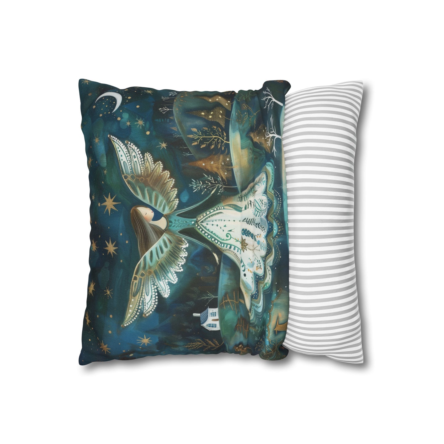 Starry Serenade: Angel in Flowing Dress Amidst a Starry Night Spun Polyester Square Pillowcase 4 Sizes