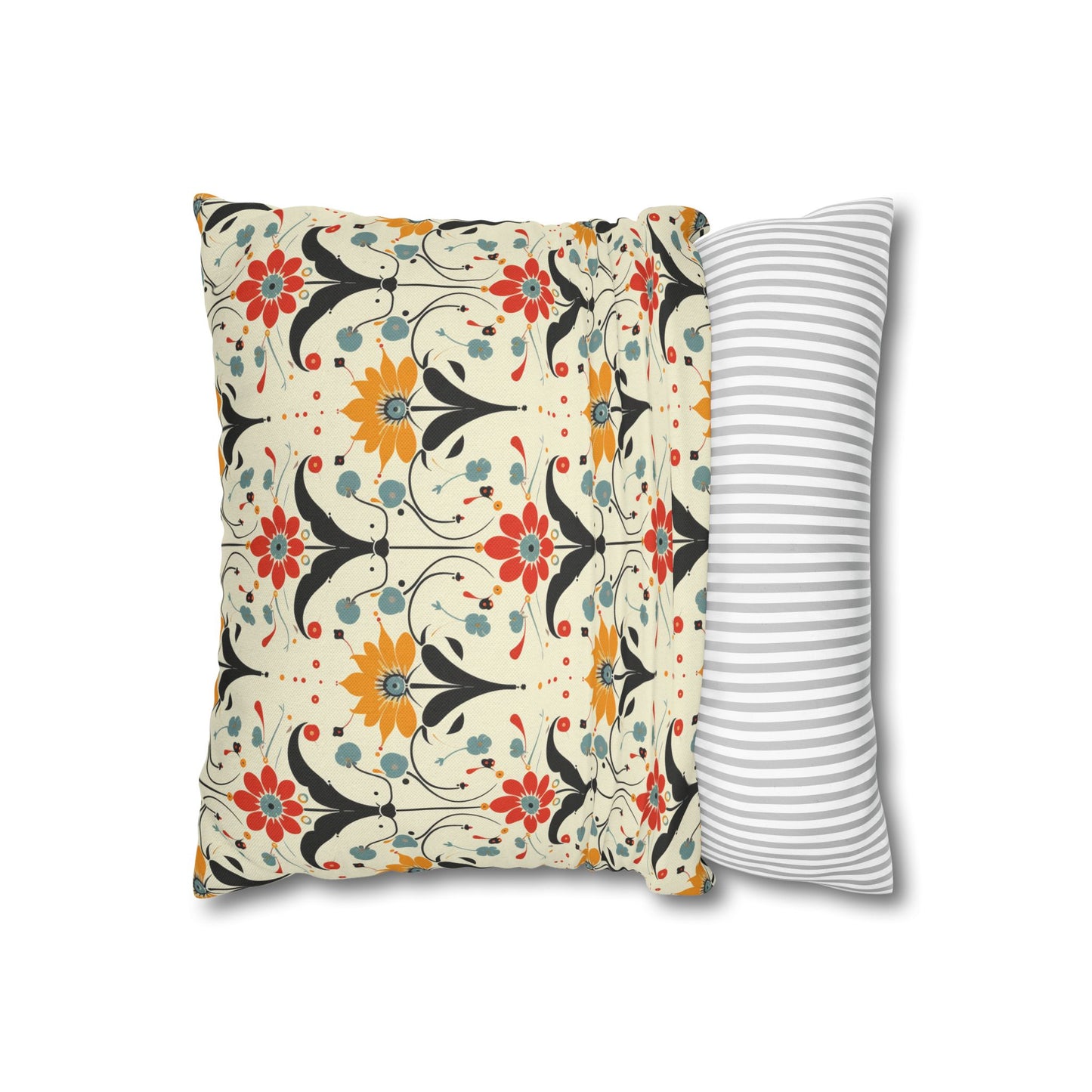 Whimsical Retro Garden in Muted Yellow, Red and Blues Spun Polyester Square Pillowcase 4 Sizes