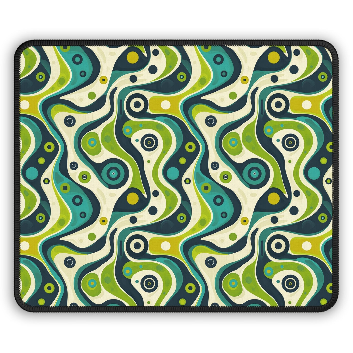 Groovy Retro Greens and Blues Abstract Waves Gaming Mouse Pad with Finished Edges