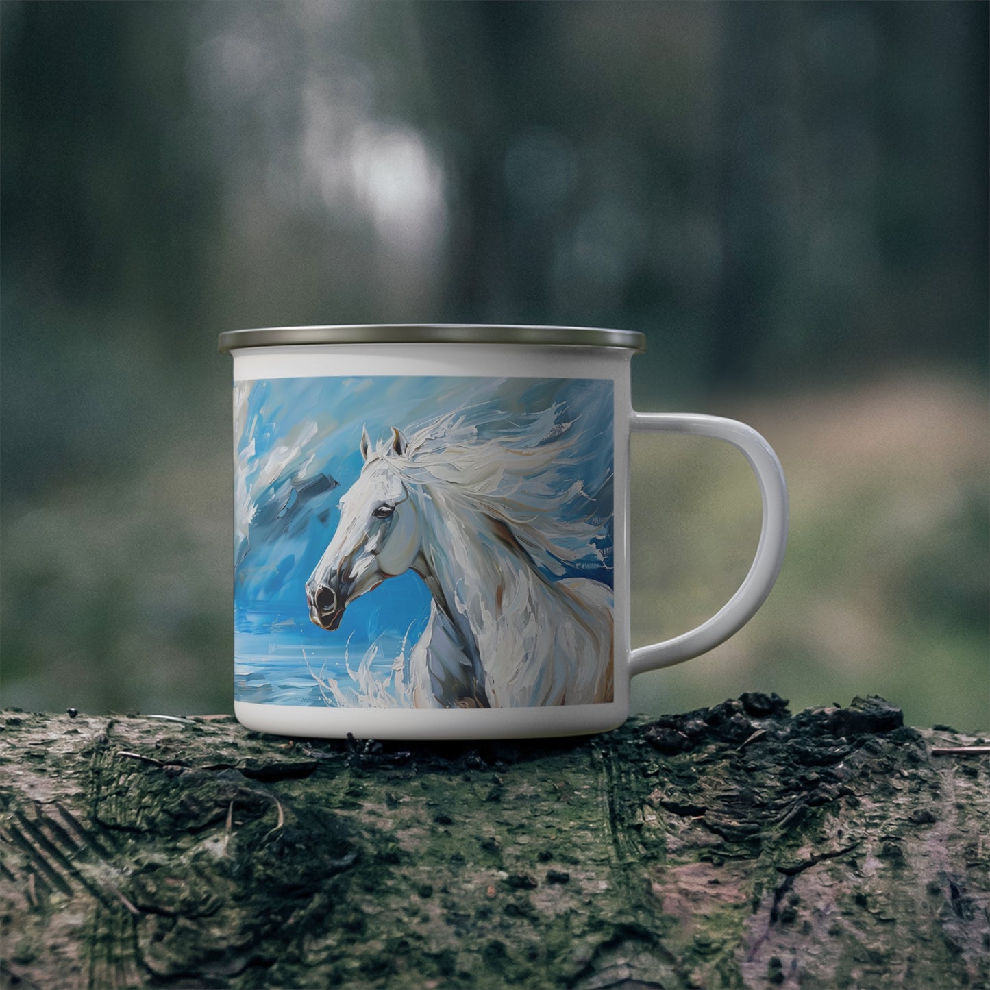 Majestic White Stallion Galloping Along the Ocean's Edge - 12oz Enamel Camping Mug