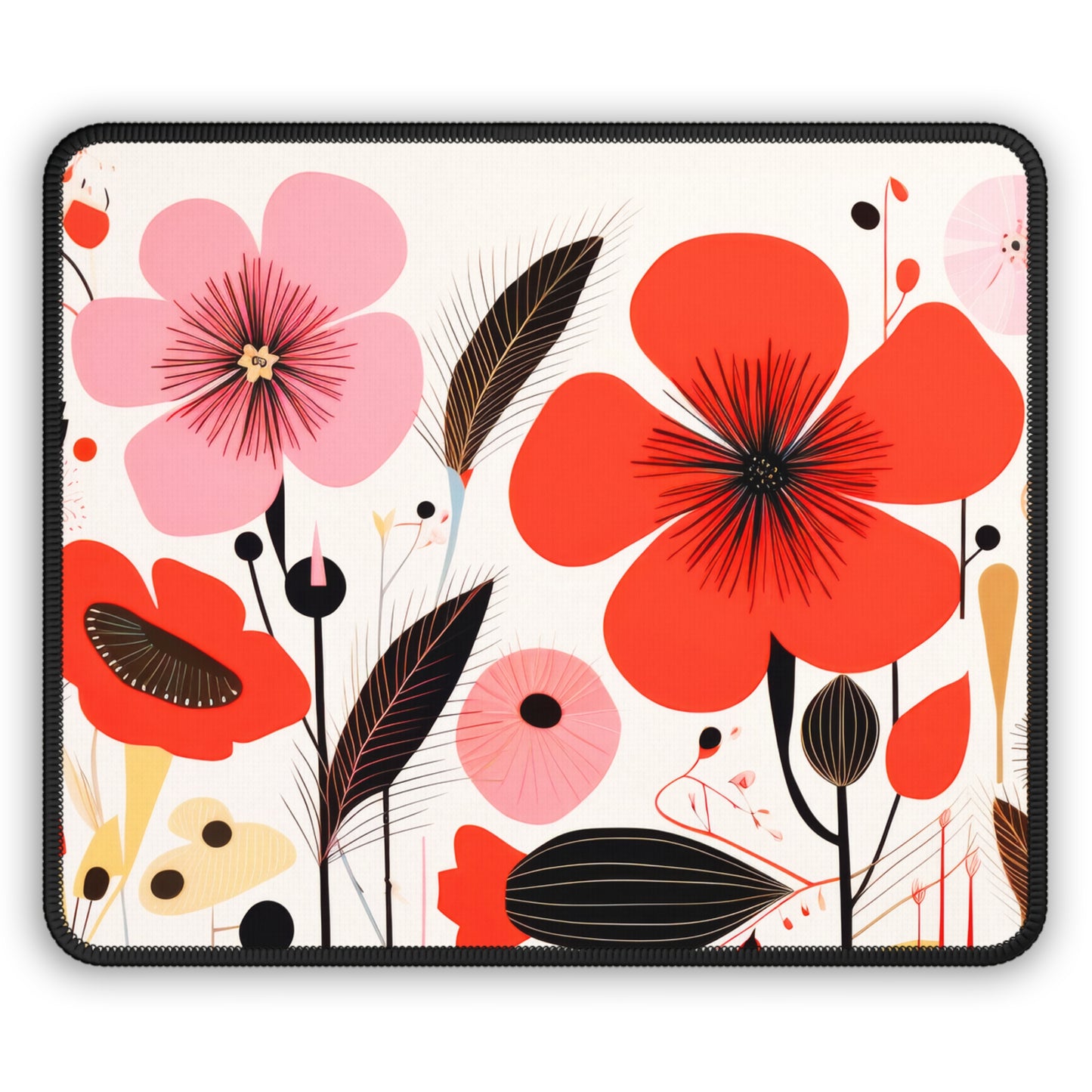 Bohemian Blossoms: Vibrant Red and Pink Flower Garden Gaming Mouse Pad with Finished Edges