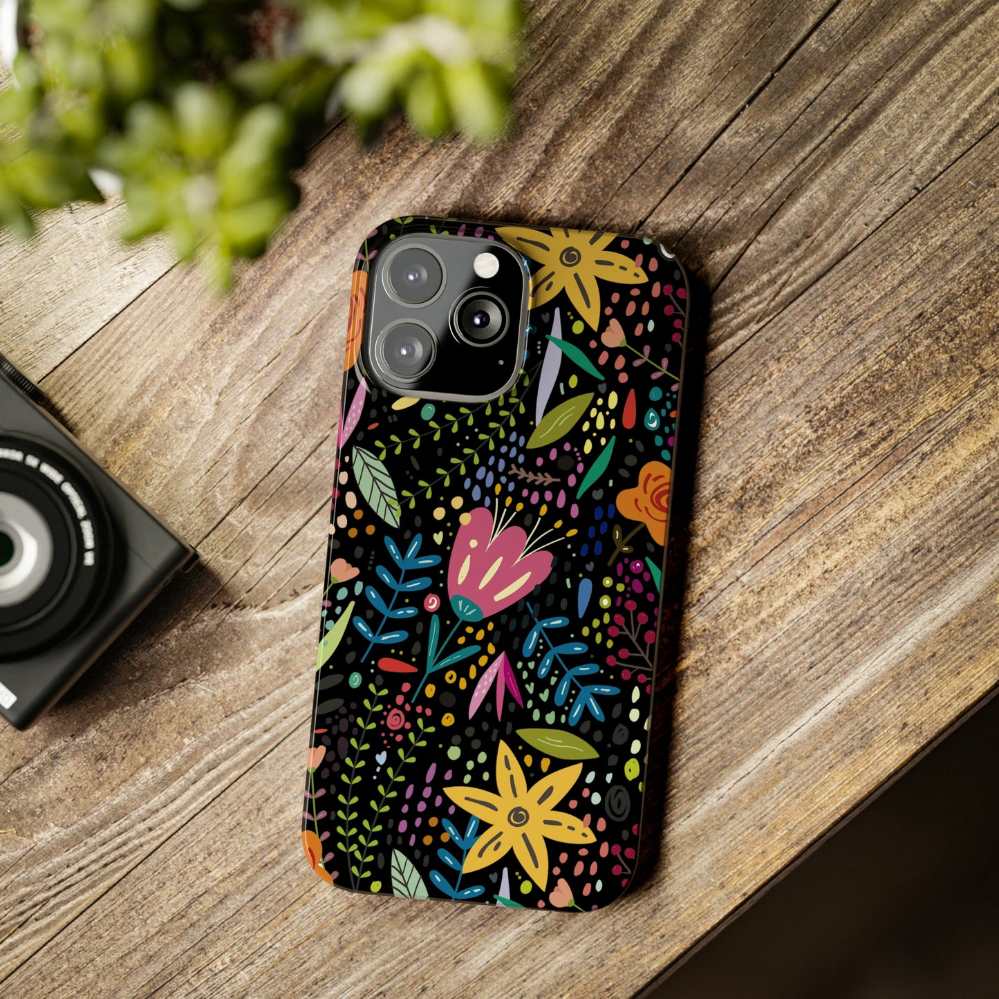 Springtime Splendor: Hand-Drawn Flowers Bursting with Vibrant Colors Design on Black Iphone 15-12 Slim Phone Case