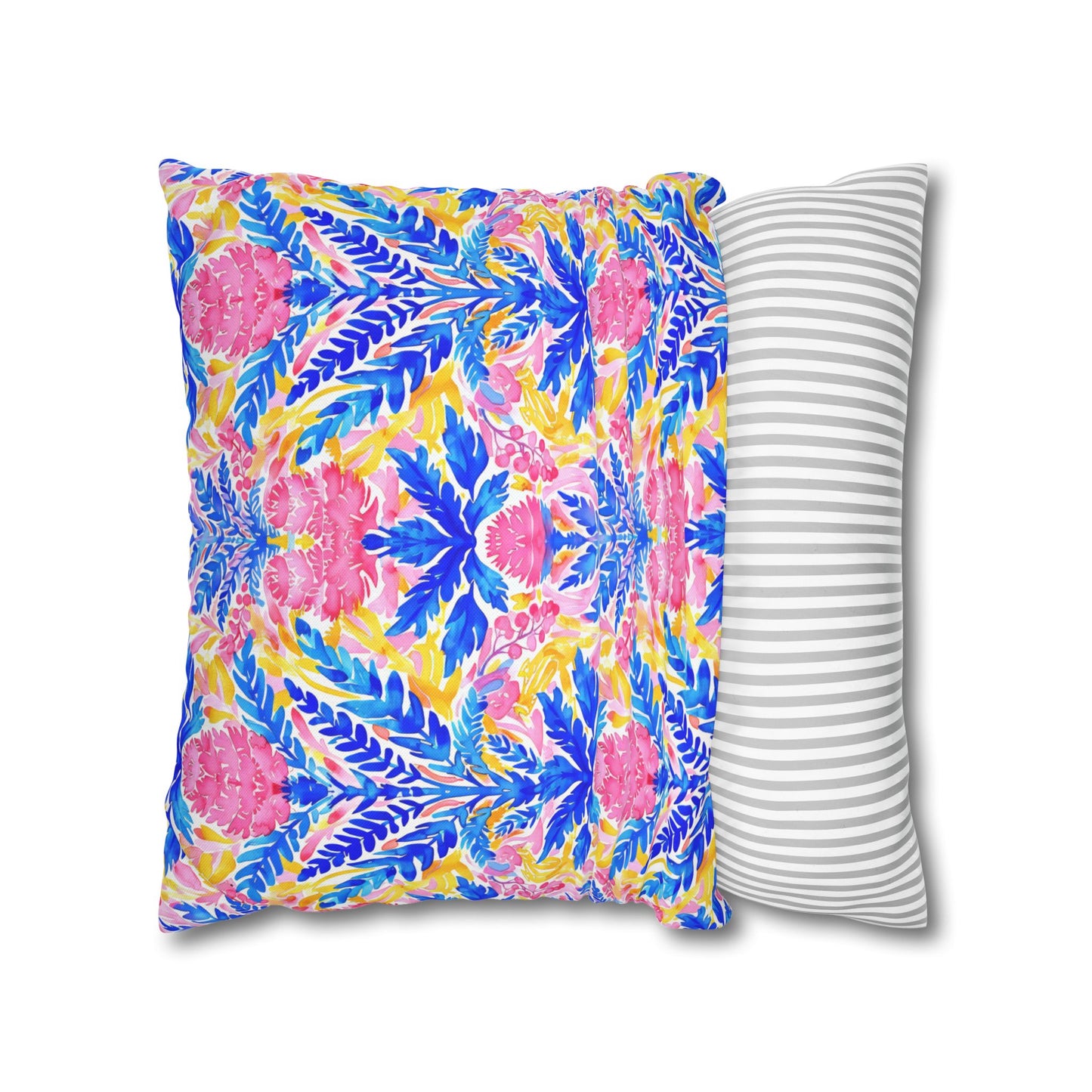 Tropical Watercolor Blooms in Vibrant Pinks and Blues Spun Polyester Square Pillowcase 4 Sizes