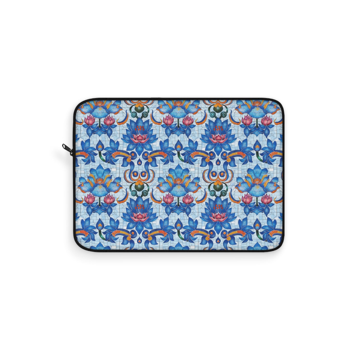 Majestic Mosaic Blossoms Vibrant Blue and Pink Floral Tile Design Laptop or Ipad Protective Sleeve 3 Sizes Available