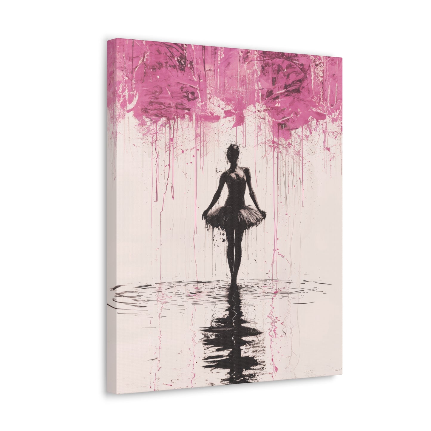 Dreamlike Reverie: Ballerina Dancing Amidst Pink Clouds and Gentle Rain Print on Canvas Gallery - 13 Sizes