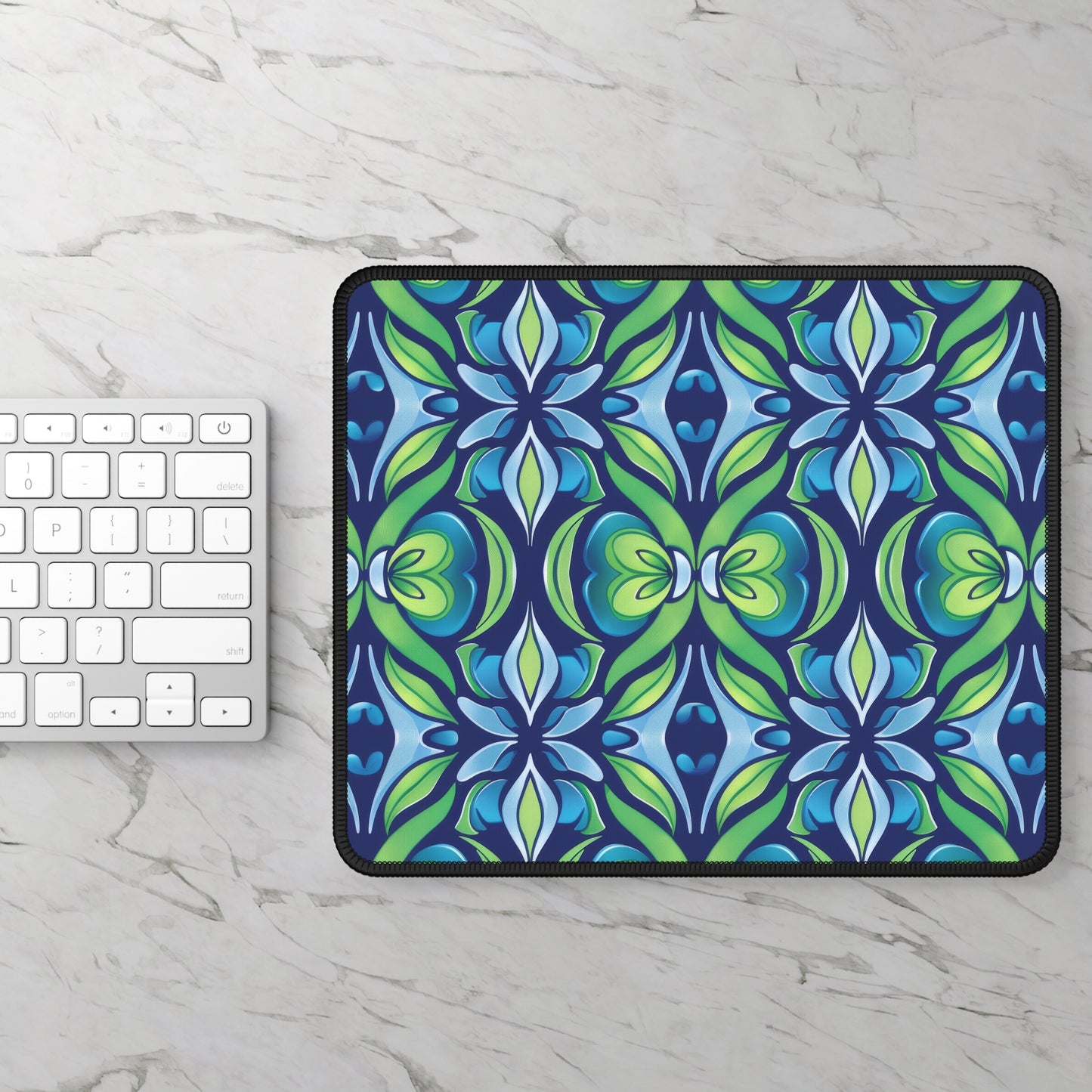 Retro Abstract Blue and Green Floral Pattern Gaming Mouse Pad with Finished Edges