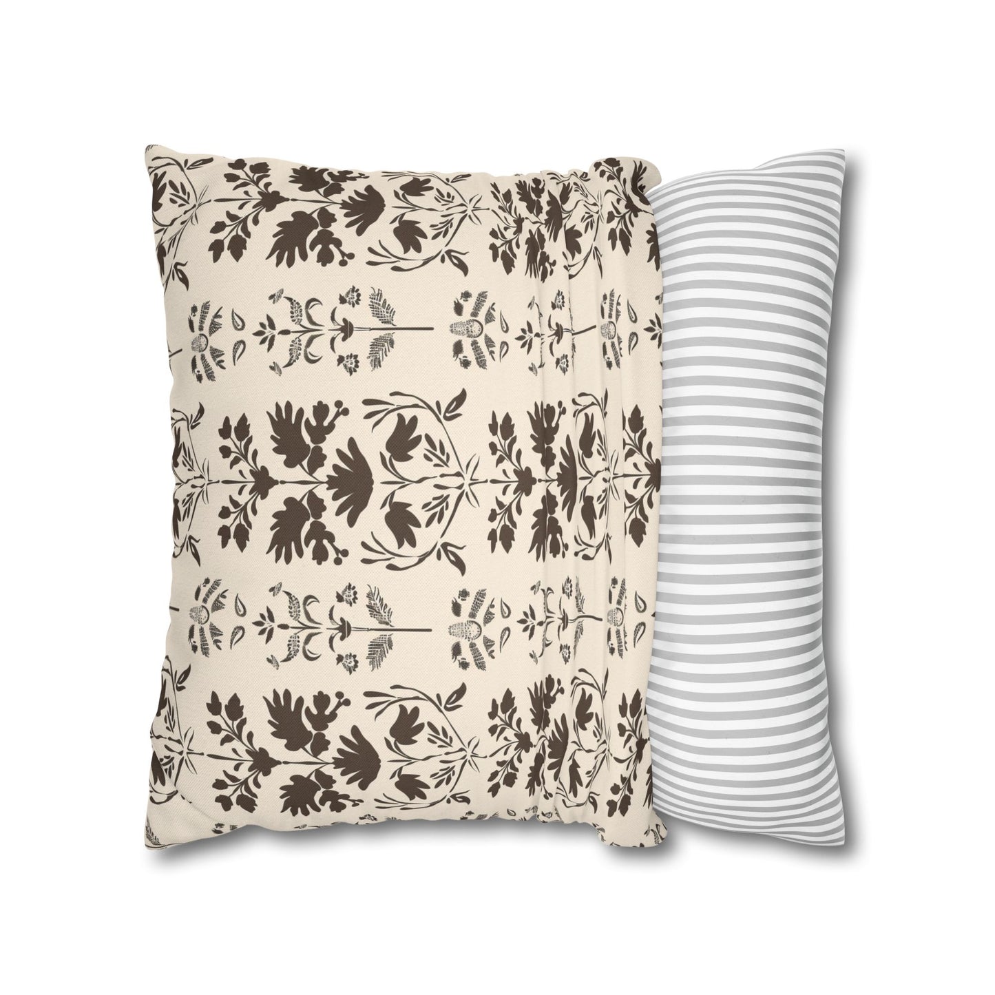 Early American Stencil-Inspired Beige and Brown Floral Pattern Spun Polyester Square Pillowcase 4 Sizes