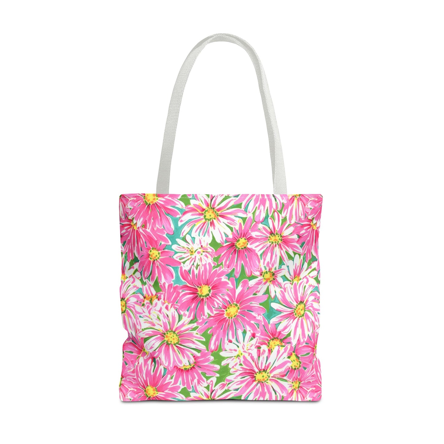 Springs Whisper: Watercolor Pink Daisies Dancing on a Lush Green Stage Canvas Tote Bag 3 Sizes