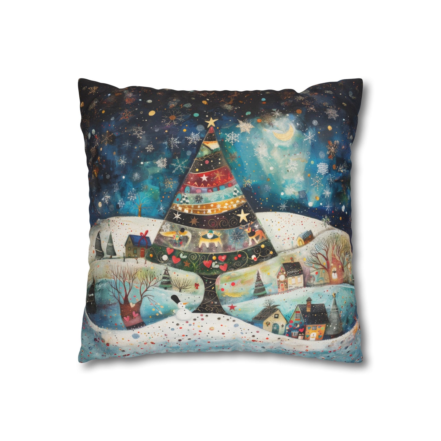 Twilight Treasures: Folk Art Christmas Tree Adorning a Town at Night Spun Polyester Square Pillowcase 4 Sizes