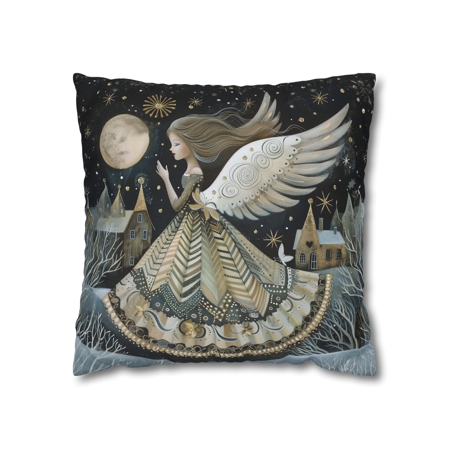 Frosty Angelic Glow: Angel Illuminated by Moonlight on a Snowy Night Spun Polyester Square Pillowcase 4 Sizes